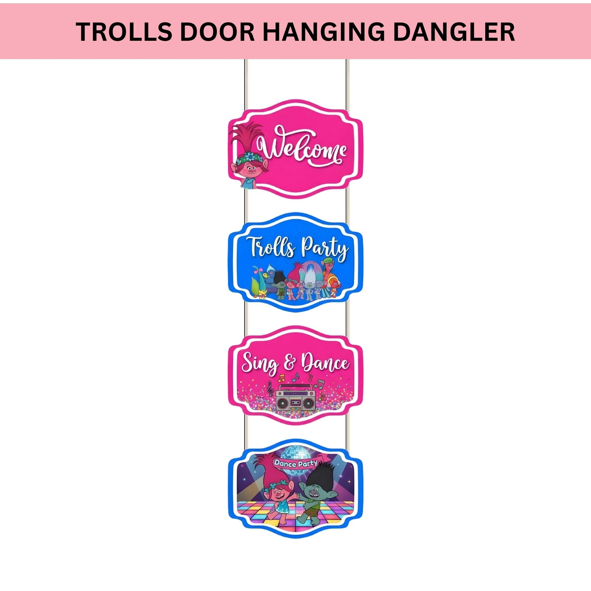 Trolls Door/Wall Hanging Dangler- (42 Inches/250 GSM Cardstock/Pink & Blue/6Pcs) - Premium Handcrafted 300 GSM Door Dangler by Party Decor Mall India - View 2