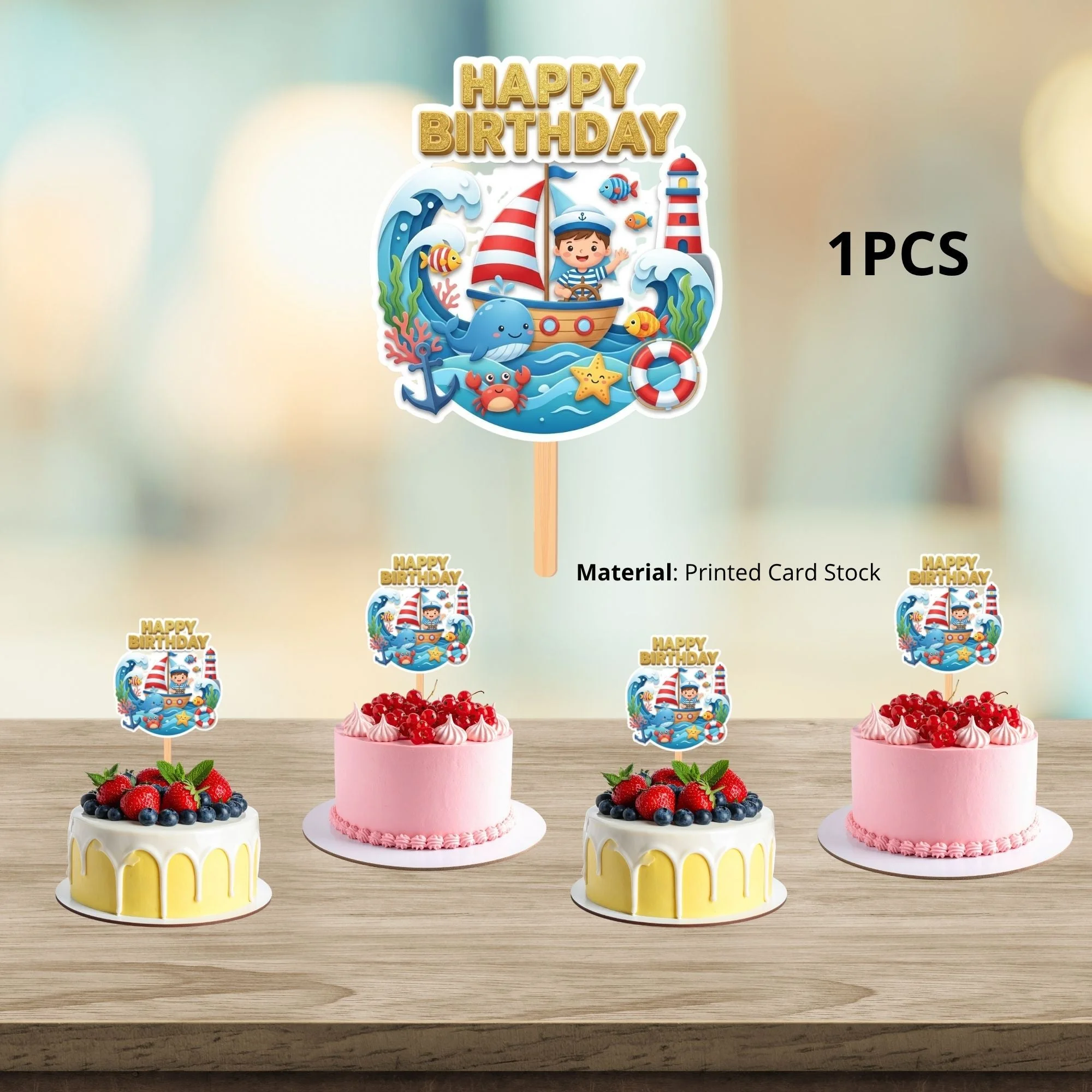 Under-The-Sea Birthday Cake Topper for Kids | Premium 300 GSM Cardstock | Cute Cartoon Party Decoration | Cake Decoration Topper for Birthday Party Supplies - Premium Handcrafted 300 GSM Party Supplies, Cake Topper by Party Decor Mall India - View 3