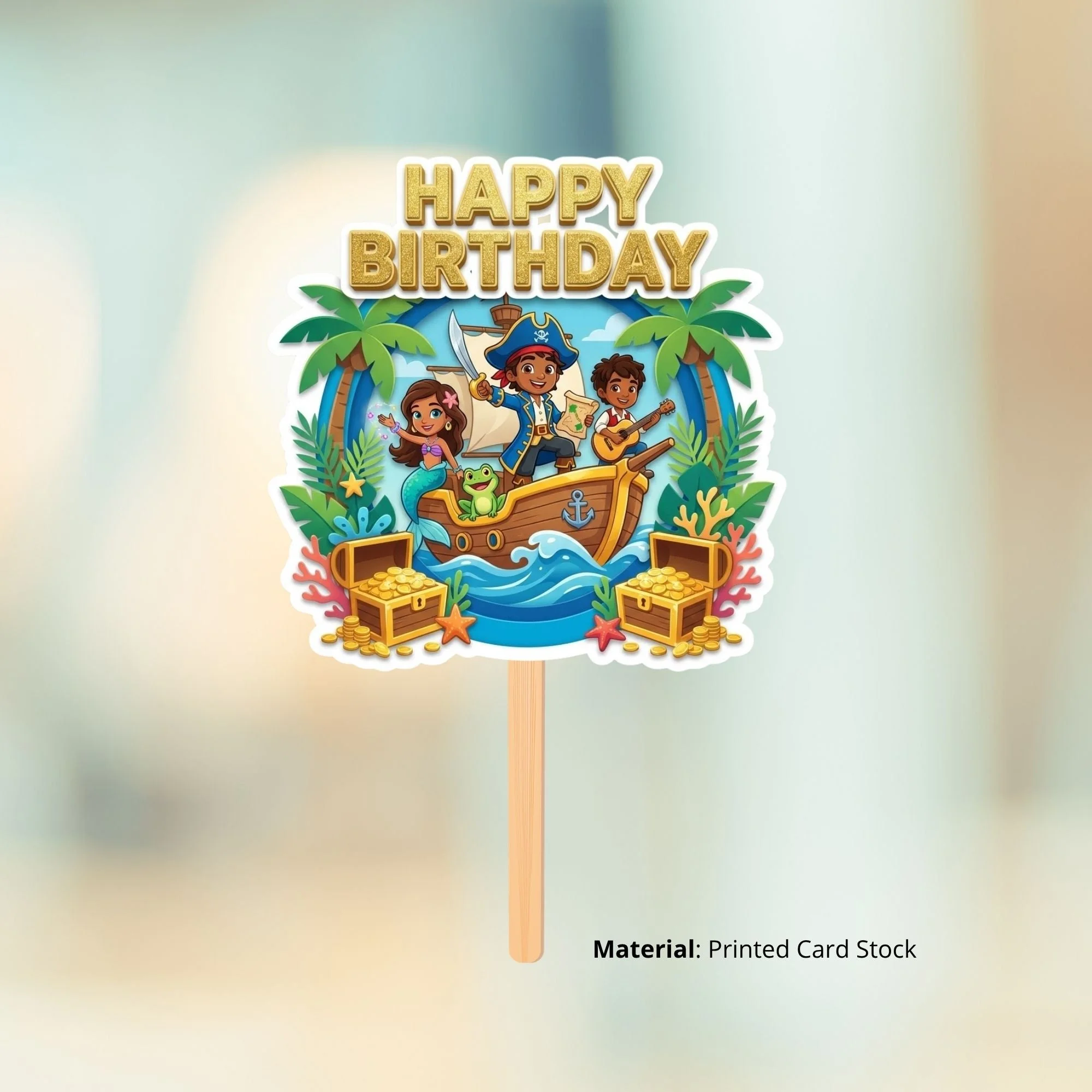Pirate Adventure Birthday Cake Topper for Kids | Premium 300 GSM Cardstock | Cute Cartoon Party Decoration | Cake Decoration Topper for Birthday Party Supplies - Premium Handcrafted 300 GSM Party Supplies, Cake Topper by Party Decor Mall India - View 2