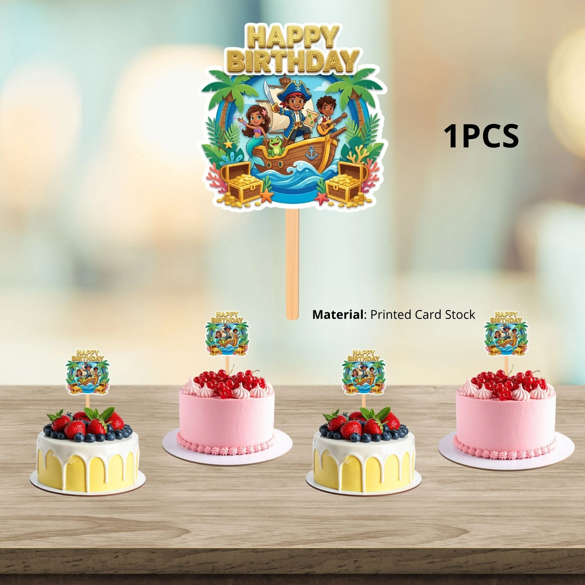Pirate Adventure Birthday Cake Topper for Kids | Premium 300 GSM Cardstock | Cute Cartoon Party Decoration | Cake Decoration Topper for Birthday Party Supplies - Premium Handcrafted 300 GSM Party Supplies, Cake Topper by Party Decor Mall India - View 3