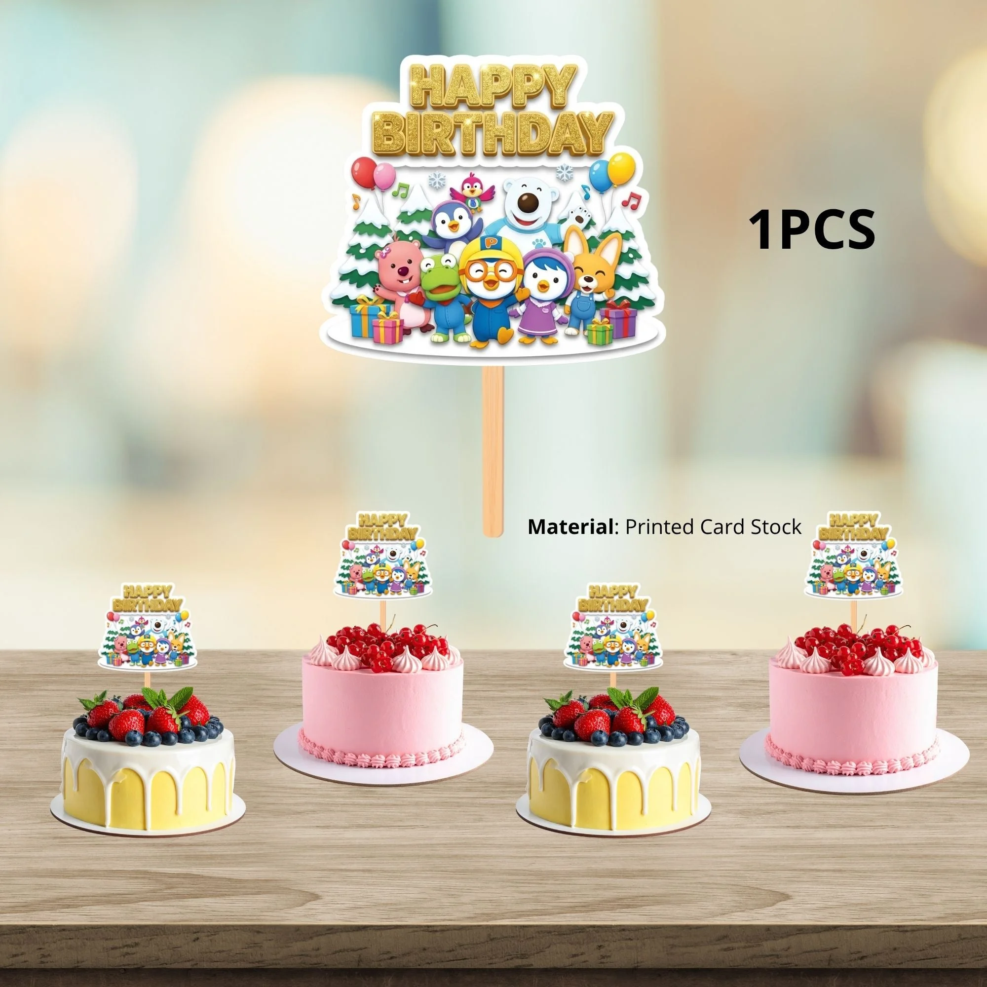 Pororo The Little Penguin Birthday Cake Topper for Kids | Premium 300 GSM Cardstock | Cute Cartoon Party Decoration | Cake Decoration Topper for Birthday Party Supplies - Premium Handcrafted 300 GSM Party Supplies, Cake Topper by Party Decor Mall India - View 3
