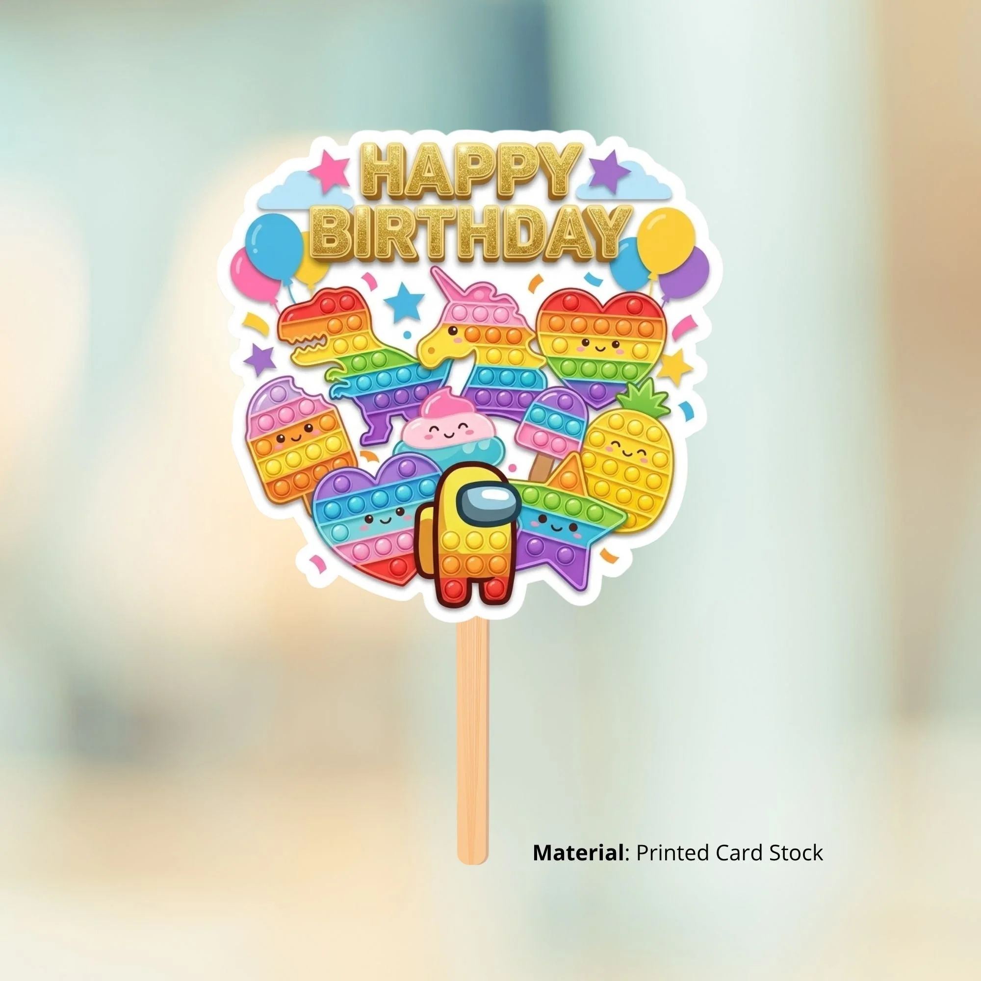 Pop It Birthday Cake Topper for Kids | Premium 300 GSM Cardstock | Cute Cartoon Party Decoration | Cake Decoration Topper for Birthday Party Supplies - Premium Handcrafted 300 GSM Party Supplies, Cake Topper by Party Decor Mall India - View 2