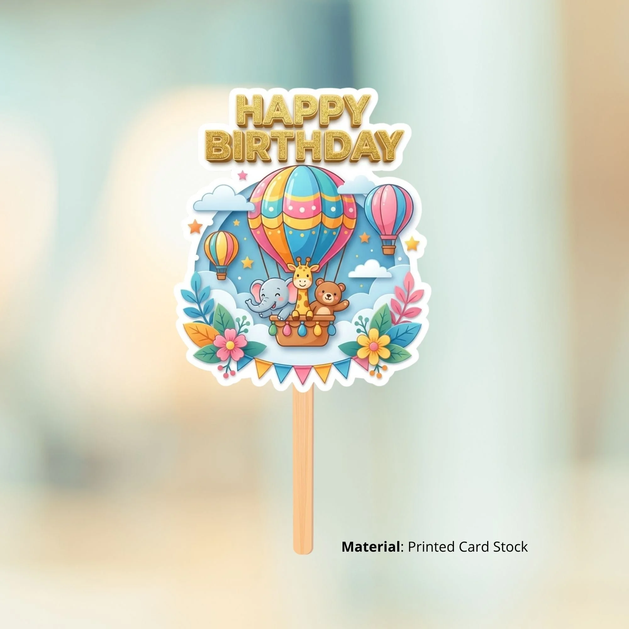 Hot Air Balloon Safari Birthday Cake Topper for Kids | Premium 300 GSM Cardstock | Cute Cartoon Party Decoration | Cake Decoration Topper for Birthday Party Supplies - Premium Handcrafted 300 GSM Party Supplies, Cake Topper by Party Decor Mall India - View 2