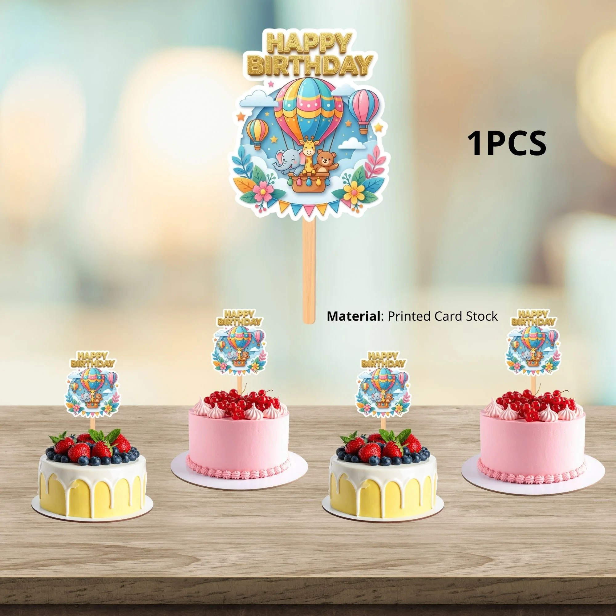 Hot Air Balloon Safari Birthday Cake Topper for Kids | Premium 300 GSM Cardstock | Cute Cartoon Party Decoration | Cake Decoration Topper for Birthday Party Supplies - Premium Handcrafted 300 GSM Party Supplies, Cake Topper by Party Decor Mall India - View 3