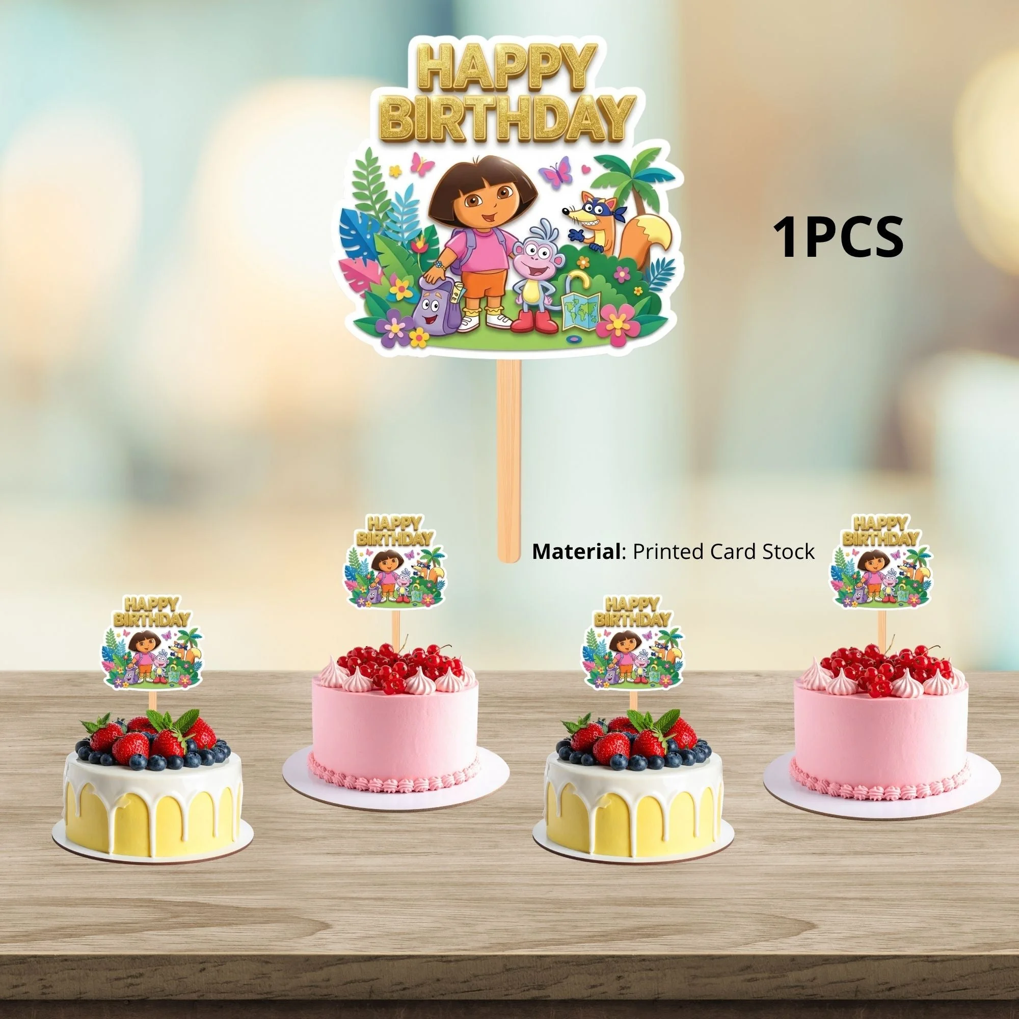 Dora Birthday Cake Topper for Kids | Premium 300 GSM Cardstock | Cute Cartoon Party Decoration | Cake Decoration Topper for Birthday Party Supplies - Premium Handcrafted 300 GSM Party Supplies, Cake Topper by Party Decor Mall India - View 3
