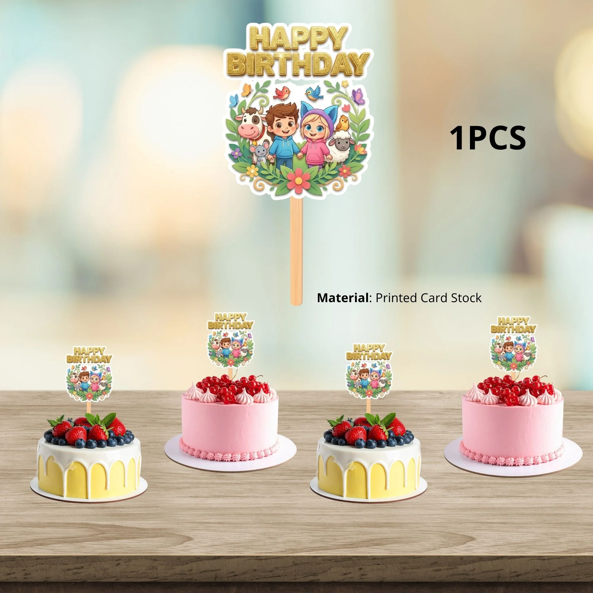Farm Animails Birthday Cake Topper for Kids | Premium 300 GSM Cardstock | Cute Cartoon Party Decoration | Cake Decoration Topper for Birthday Party Supplies - Premium Handcrafted 300 GSM Party Supplies, Cake Topper by Party Decor Mall India - View 3