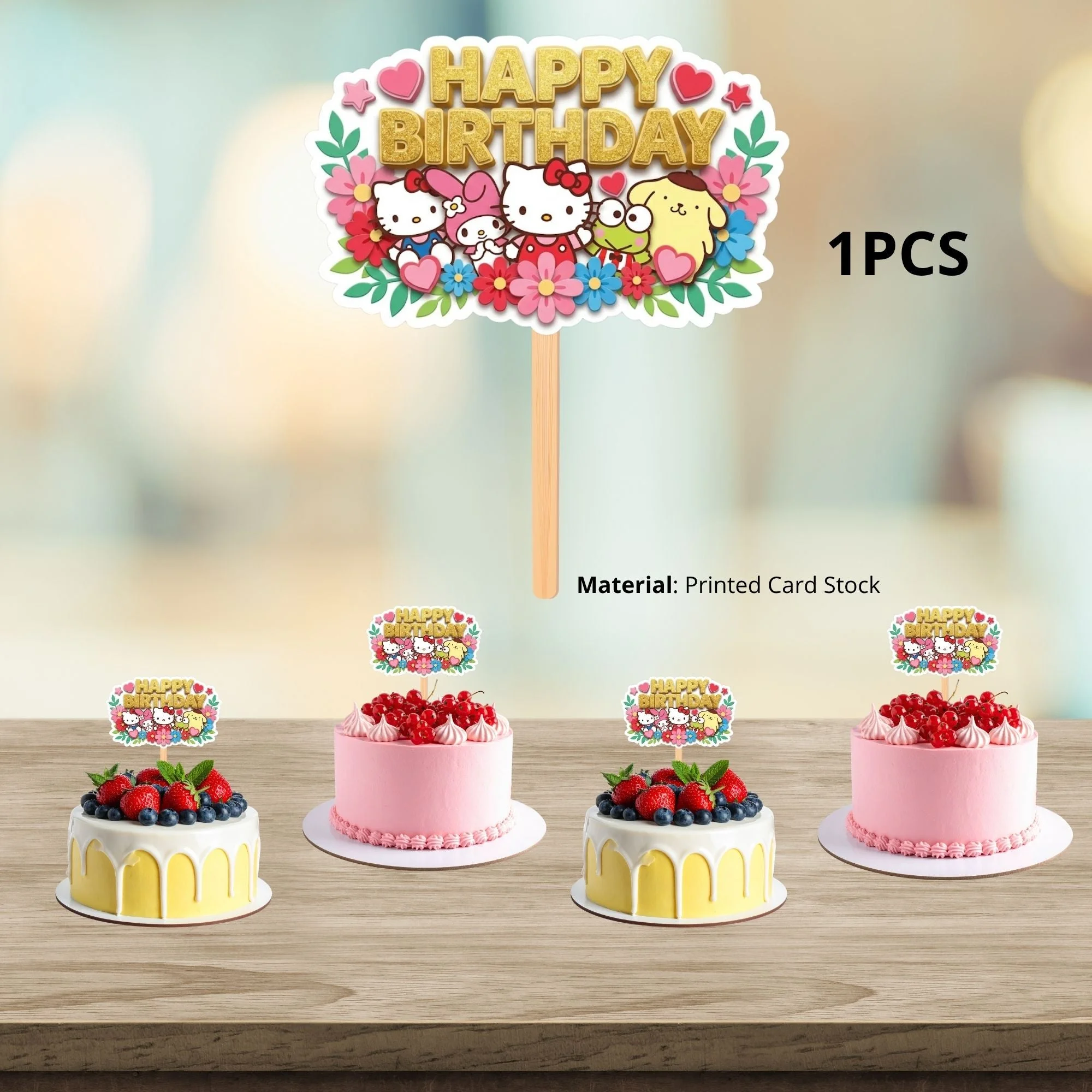 Hello Kitty Birthday Cake Topper for Kids | Premium 300 GSM Cardstock | Cute Cartoon Party Decoration | Cake Decoration Topper for Birthday Party Supplies - Premium Handcrafted 300 GSM Party Supplies, Cake Topper by Party Decor Mall India - View 3