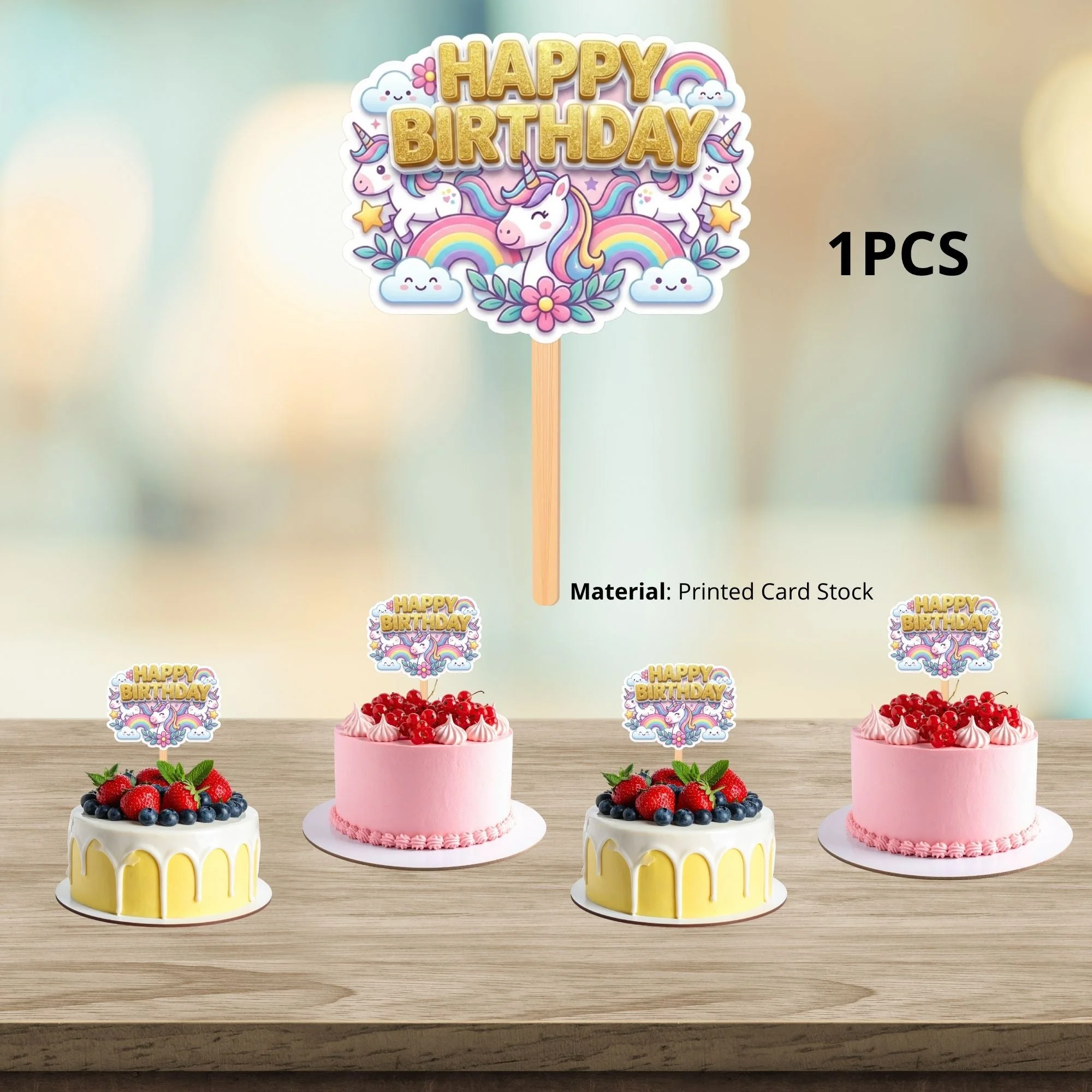 Unicorn Birthday Cake Topper for Kids | Premium 300 GSM Cardstock | Cute Cartoon Party Decoration | Cake Decoration Topper for Birthday Party Supplies - Premium Handcrafted 300 GSM Party Supplies, Cake Topper by Party Decor Mall India - View 3