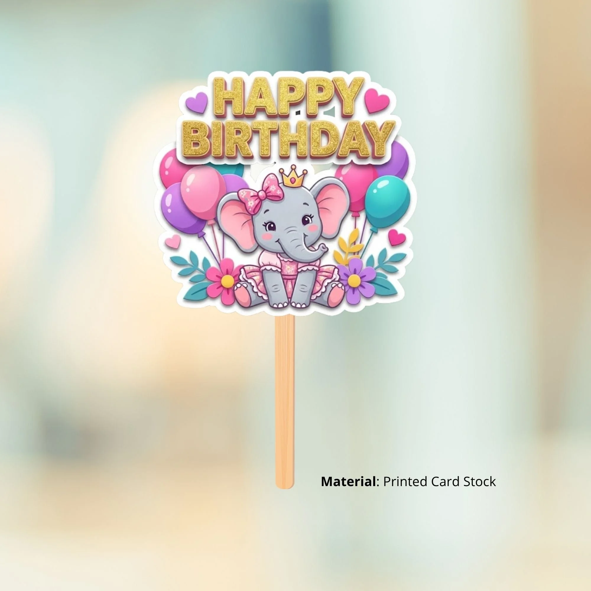 Baby Elephant Girl Birthday Cake Topper for Kids | Premium 300 GSM Cardstock | Cute Cartoon Party Decoration | Cake Decoration Topper for Birthday Party Supplies - Premium Handcrafted 300 GSM Party Supplies, Cake Topper by Party Decor Mall India - View 2