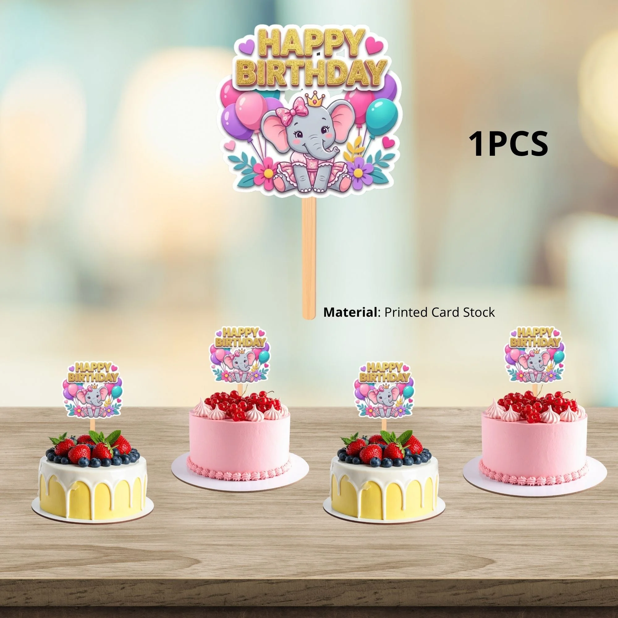 Baby Elephant Girl Birthday Cake Topper for Kids | Premium 300 GSM Cardstock | Cute Cartoon Party Decoration | Cake Decoration Topper for Birthday Party Supplies - Premium Handcrafted 300 GSM Party Supplies, Cake Topper by Party Decor Mall India - View 3