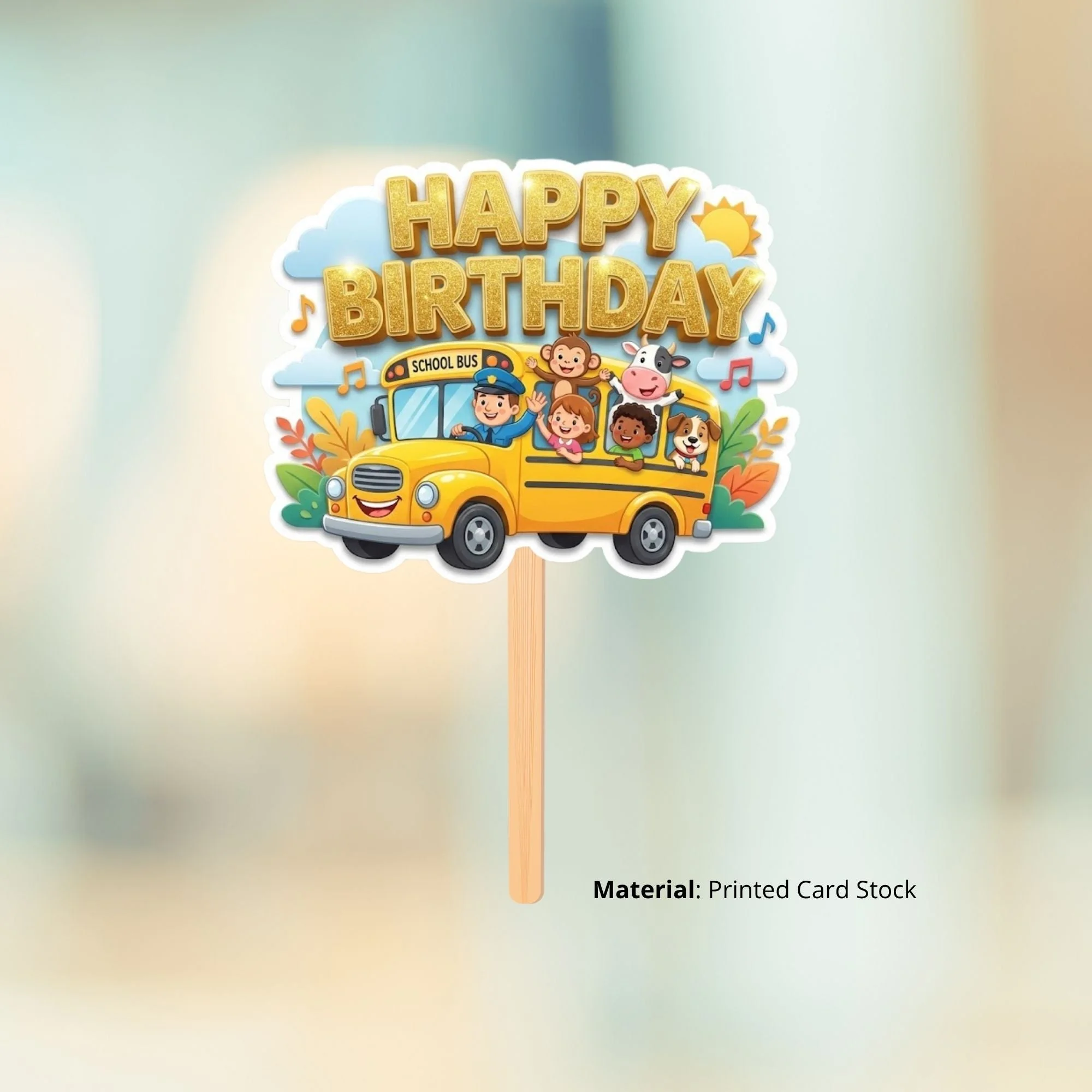 Wheels On The Bus Birthday Cake Topper for Kids | Premium 300 GSM Cardstock | Cute Cartoon Party Decoration | Cake Decoration Topper for Birthday Party Supplies - Premium Handcrafted 300 GSM Party Supplies, Cake Topper by Party Decor Mall India - View 2
