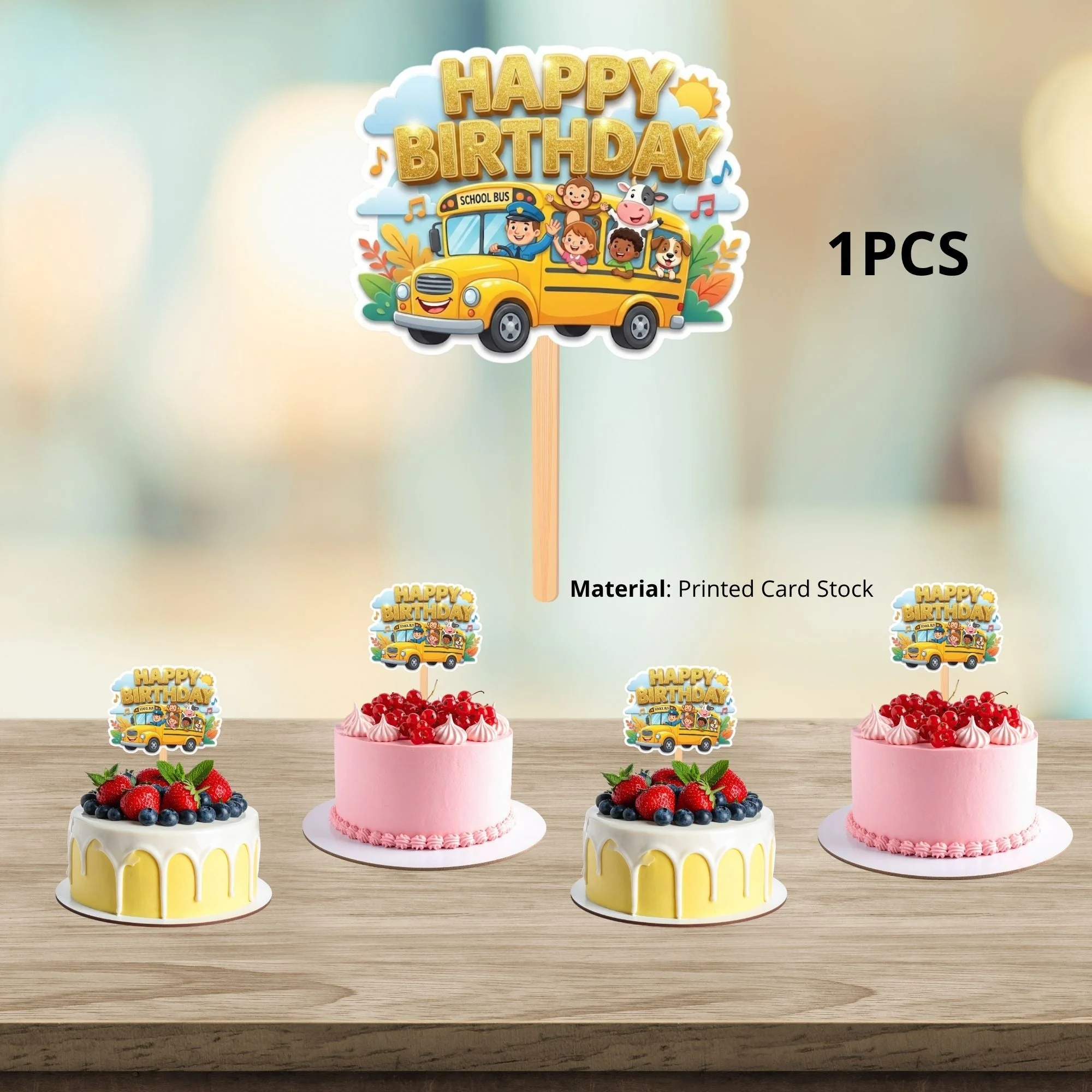 Wheels On The Bus Birthday Cake Topper for Kids | Premium 300 GSM Cardstock | Cute Cartoon Party Decoration | Cake Decoration Topper for Birthday Party Supplies - Premium Handcrafted 300 GSM Party Supplies, Cake Topper by Party Decor Mall India - View 3