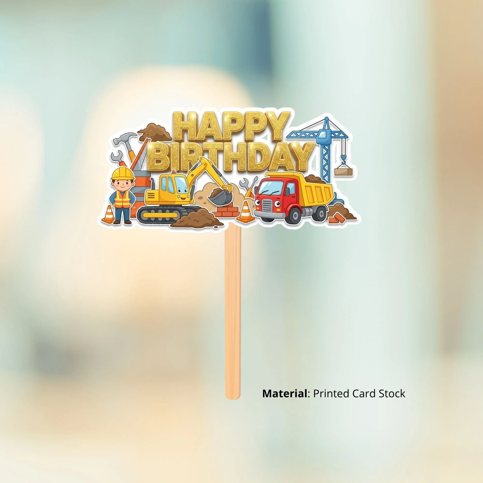 Construction Birthday Cake Topper for Kids | Premium 300 GSM Cardstock | Cute Cartoon Party Decoration | Cake Decoration Topper for Birthday Party Supplies - Premium Handcrafted 300 GSM Party Supplies, Cake Topper by Party Decor Mall India - View 2