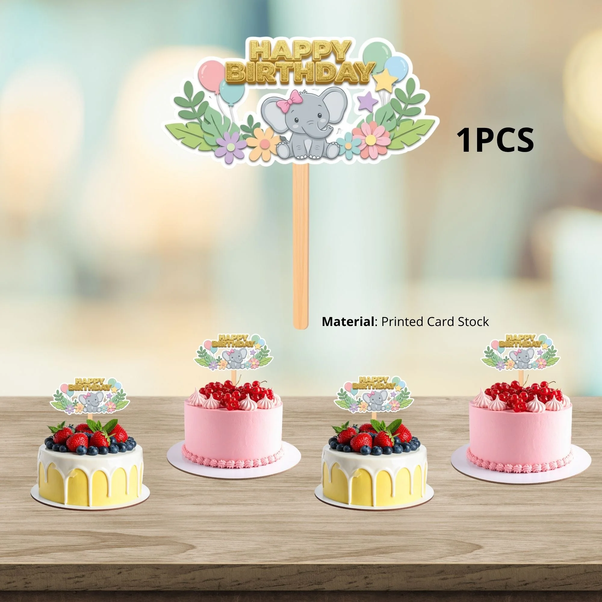 Baby Elephant Girl Model-2 Birthday Cake Topper for Kids | Premium 300 GSM Cardstock | Cute Cartoon Party Decoration | Cake Decoration Topper for Birthday Party Supplies - Premium Handcrafted 300 GSM Party Supplies, Cake Topper by Party Decor Mall India - View 3