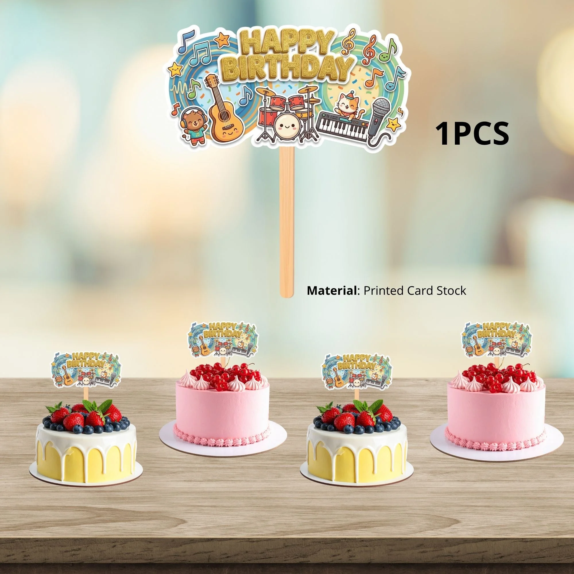 Musical Animal Birthday Cake Topper for Kids | Premium 300 GSM Cardstock | Cute Cartoon Party Decoration | Cake Decoration Topper for Birthday Party Supplies - Premium Handcrafted 300 GSM Party Supplies, Cake Topper by Party Decor Mall India - View 3