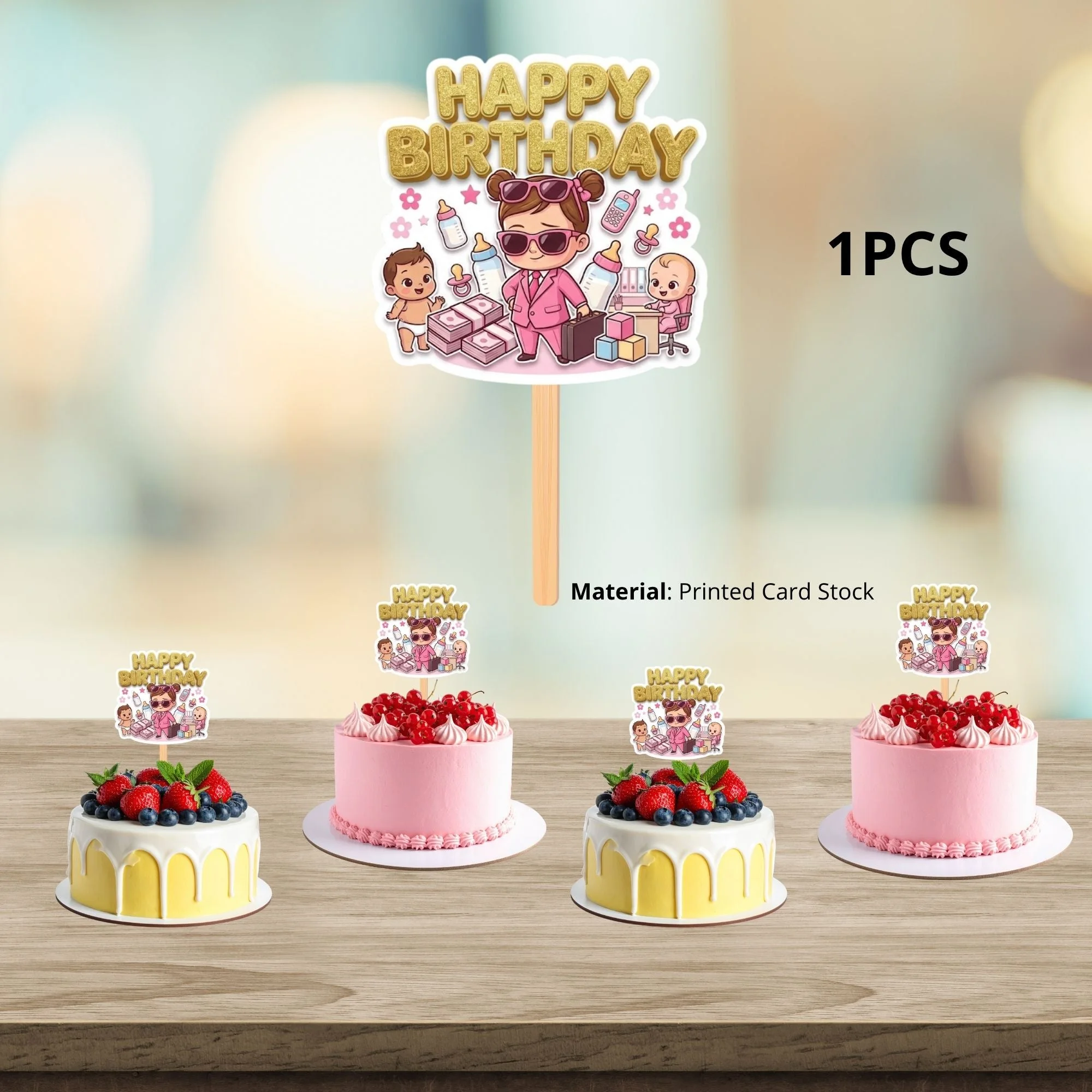 Boss Baby Girl Birthday Cake Topper for Kids | Premium 300 GSM Cardstock | Cute Cartoon Party Decoration | Cake Decoration Topper for Birthday Party Supplies - Premium Handcrafted 300 GSM Party Supplies, Cake Topper by Party Decor Mall India - View 3