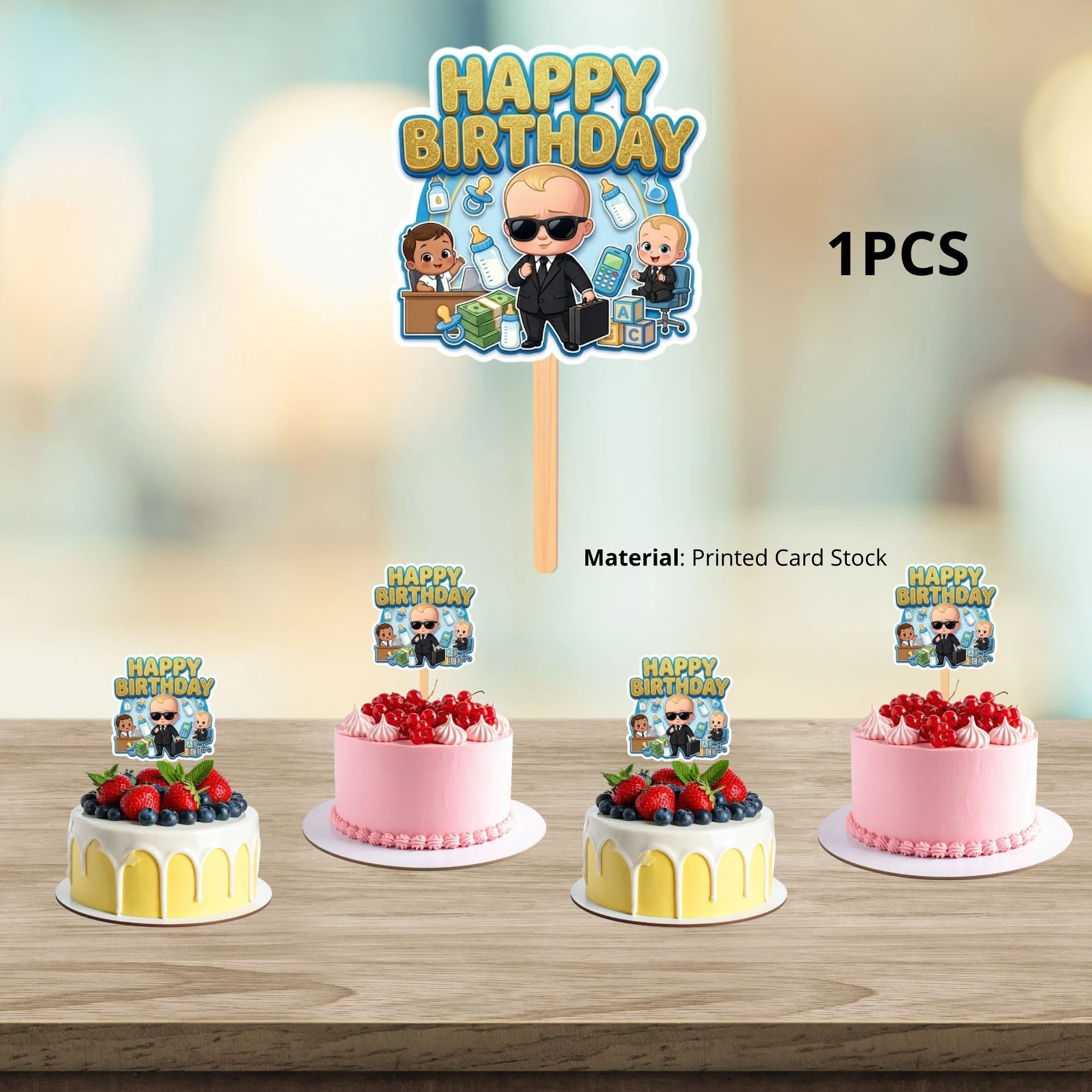 Boss Baby Boy Birthday Cake Topper for Kids | Premium 300 GSM Cardstock | Cute Cartoon Party Decoration | Cake Decoration Topper for Birthday Party Supplies - Premium Handcrafted 300 GSM Party Supplies, Cake Topper by Party Decor Mall India - View 3
