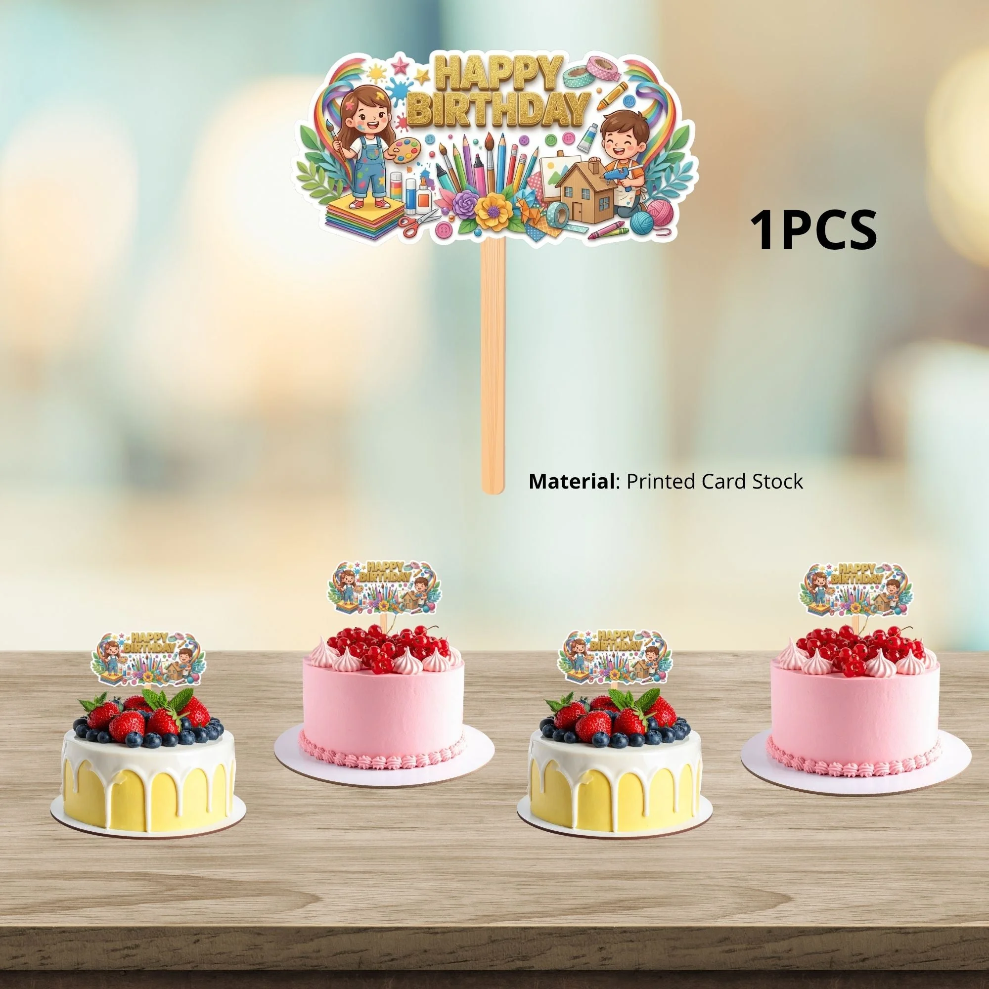 Art And Craft Birthday Cake Topper for Kids | Premium 300 GSM Cardstock | Cute Cartoon Party Decoration | Cake Decoration Topper for Birthday Party Supplies - Premium Handcrafted 300 GSM Party Supplies, Cake Topper by Party Decor Mall India - View 3