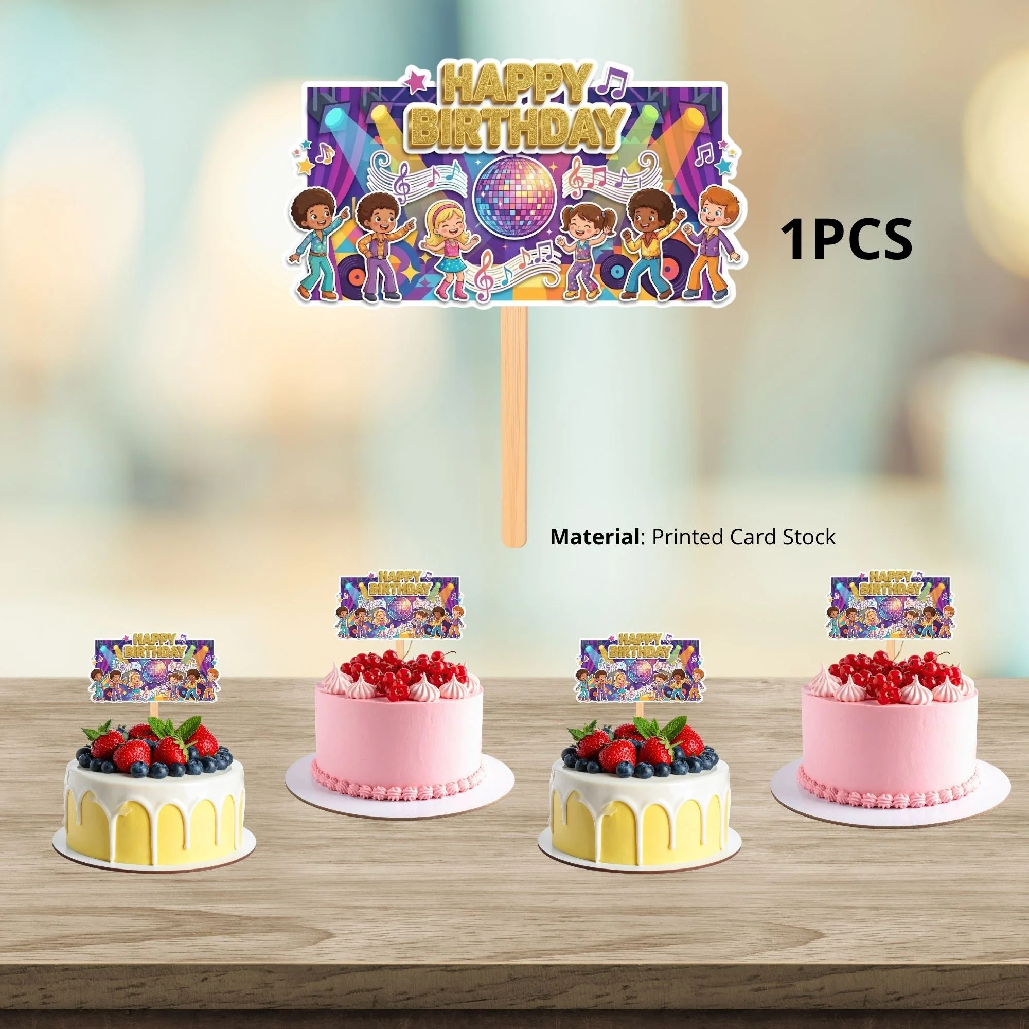 Disco Party Birthday Cake Topper for Kids | Premium 300 GSM Cardstock | Cute Cartoon Party Decoration | Cake Decoration Topper for Birthday Party Supplies - Premium Handcrafted 300 GSM Party Supplies, Cake Topper by Party Decor Mall India - View 3