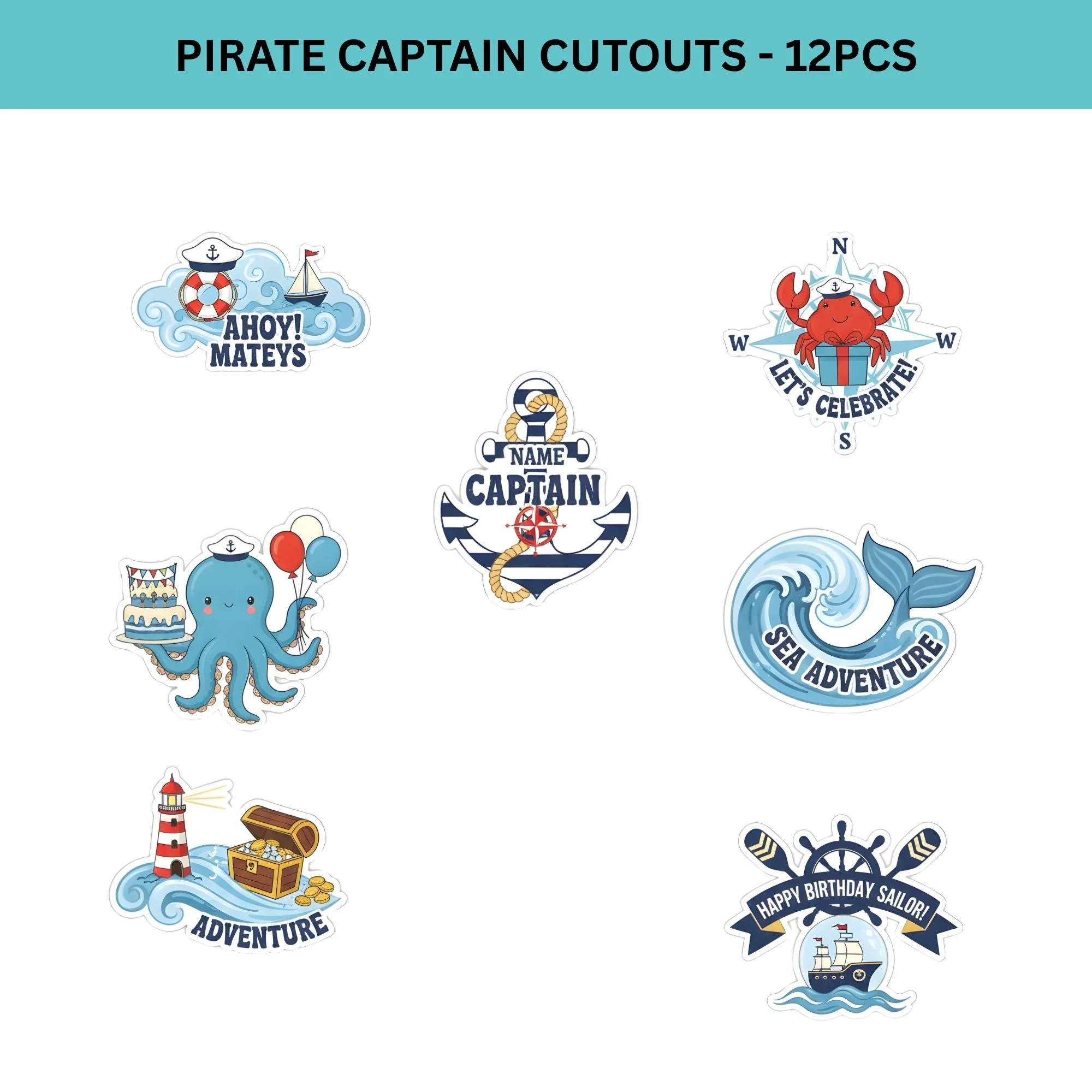 Pirate Captain Theme Birthday Cutouts (6 inches/250 GSM Cardstock/Mixcolour/12Pcs) - Premium Handcrafted 300 GSM Paper Cutouts by Party Decor Mall India - View 2
