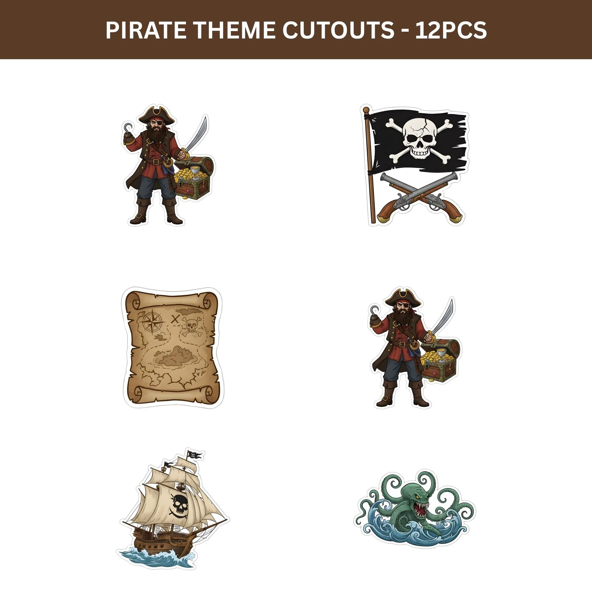 Pirate Theme Birthday Cutouts (6 inches/250 GSM Cardstock/Mixcolour/12Pcs) - Premium Handcrafted 300 GSM Paper Cutouts by Party Decor Mall India - View 2
