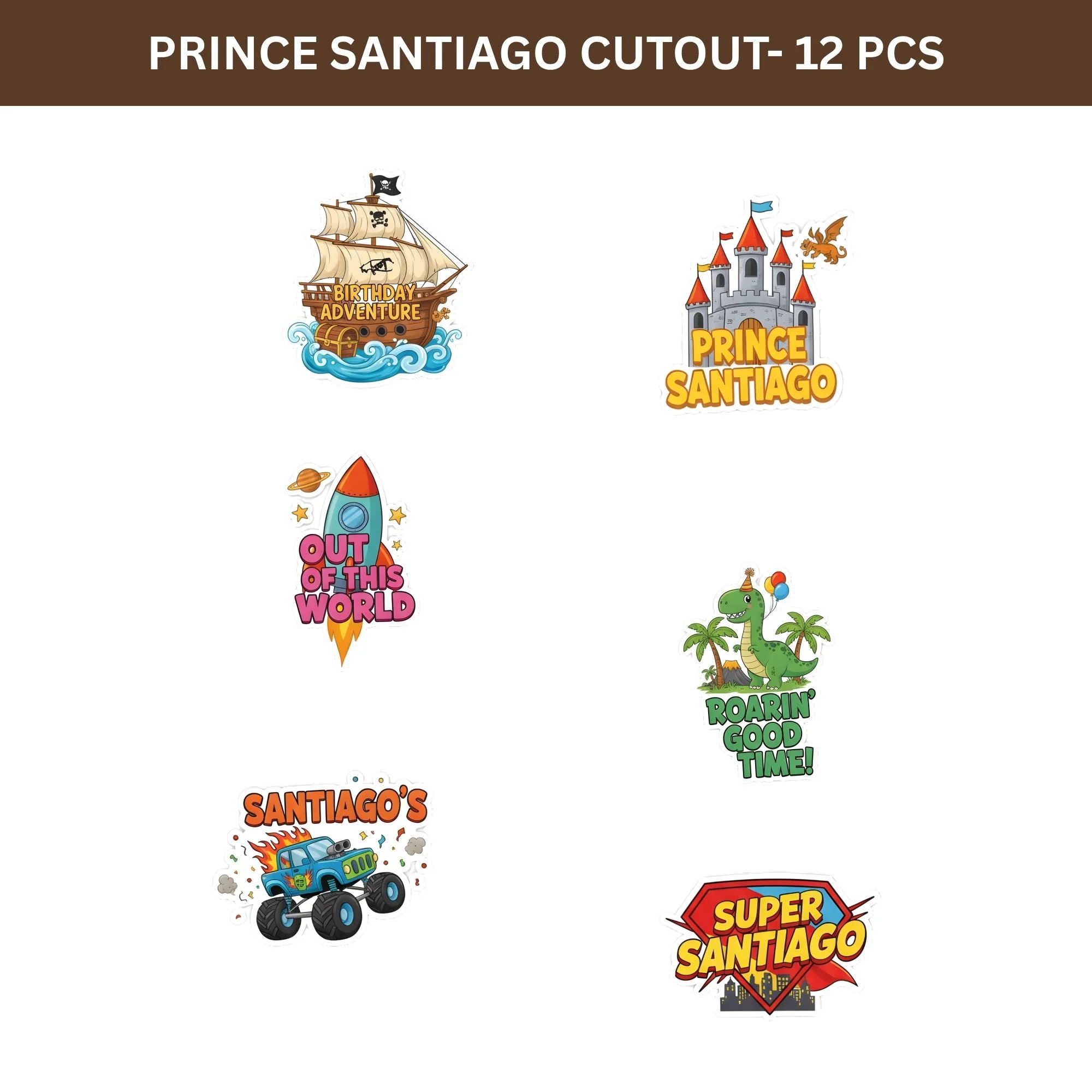 Prince Santiago Theme Birthday Cutouts (6 inches/250 GSM Cardstock/Mixcolour/12Pcs) - Premium Handcrafted 300 GSM Paper Cutouts by Party Decor Mall India - View 2