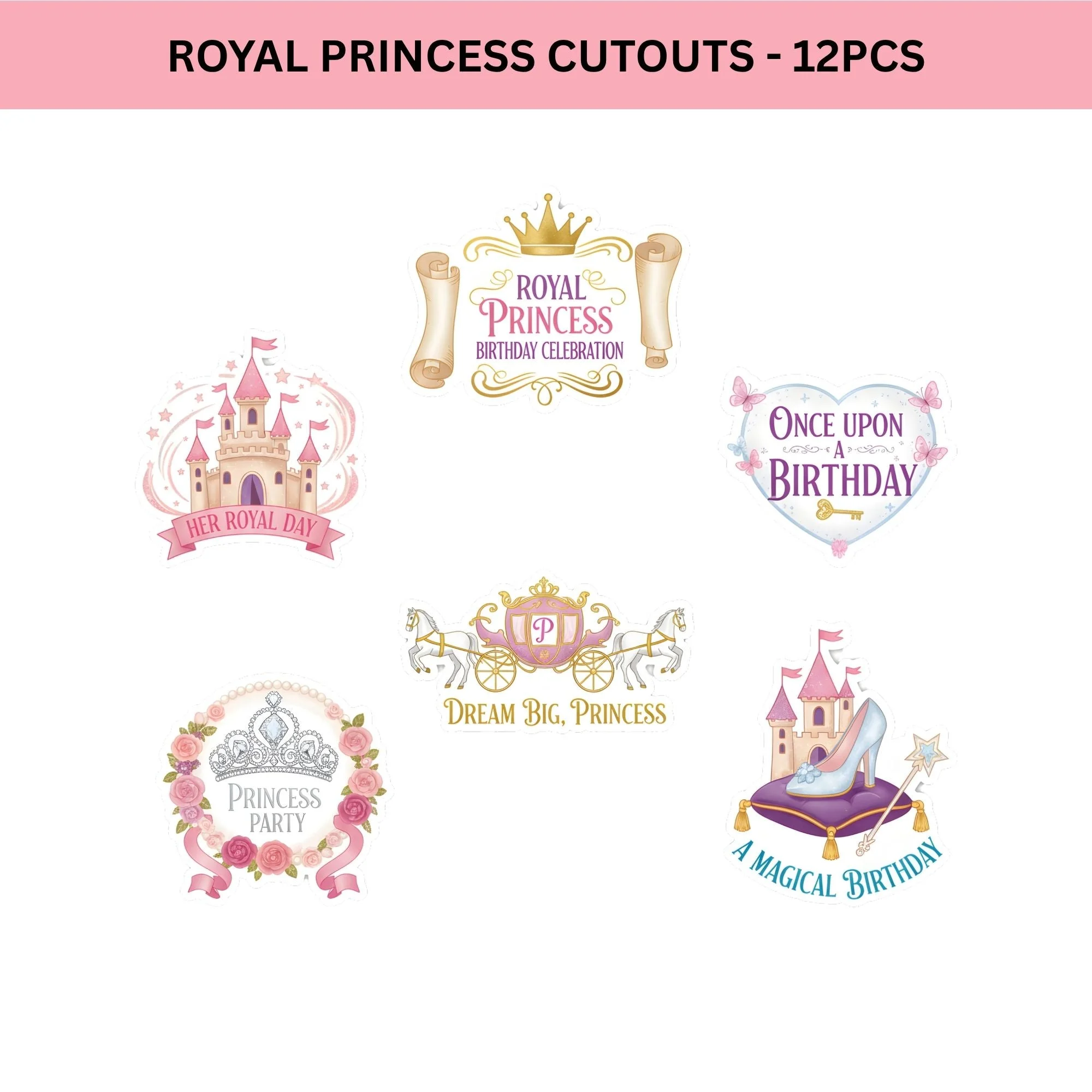 Royal Princess Theme Birthday Cutouts (6 inches/250 GSM Cardstock/Mixcolour/12Pcs) - Premium Handcrafted 300 GSM Paper Cutouts by Party Decor Mall India - View 2