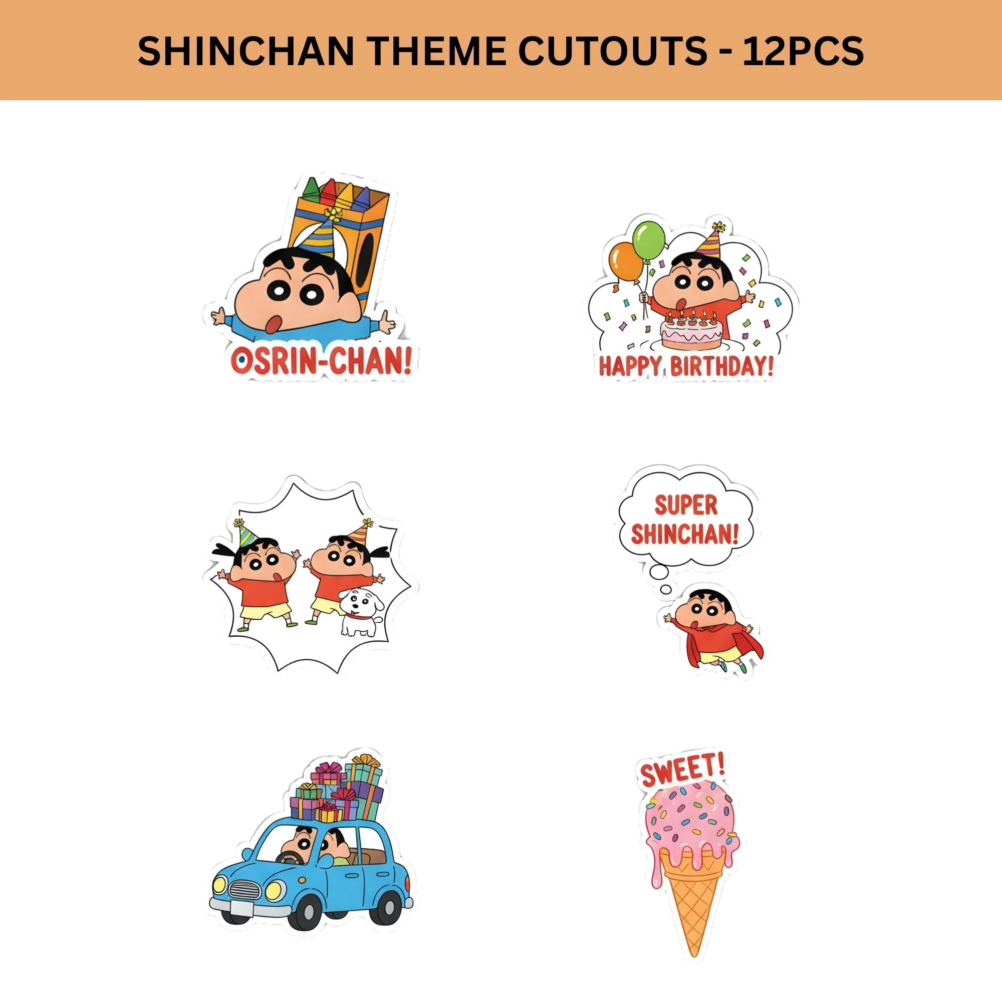 Shinchan Theme Birthday Cutouts (6 inches/250 GSM Cardstock/Mixcolour/12Pcs) - Premium Handcrafted 300 GSM Paper Cutouts by Party Decor Mall India - View 2