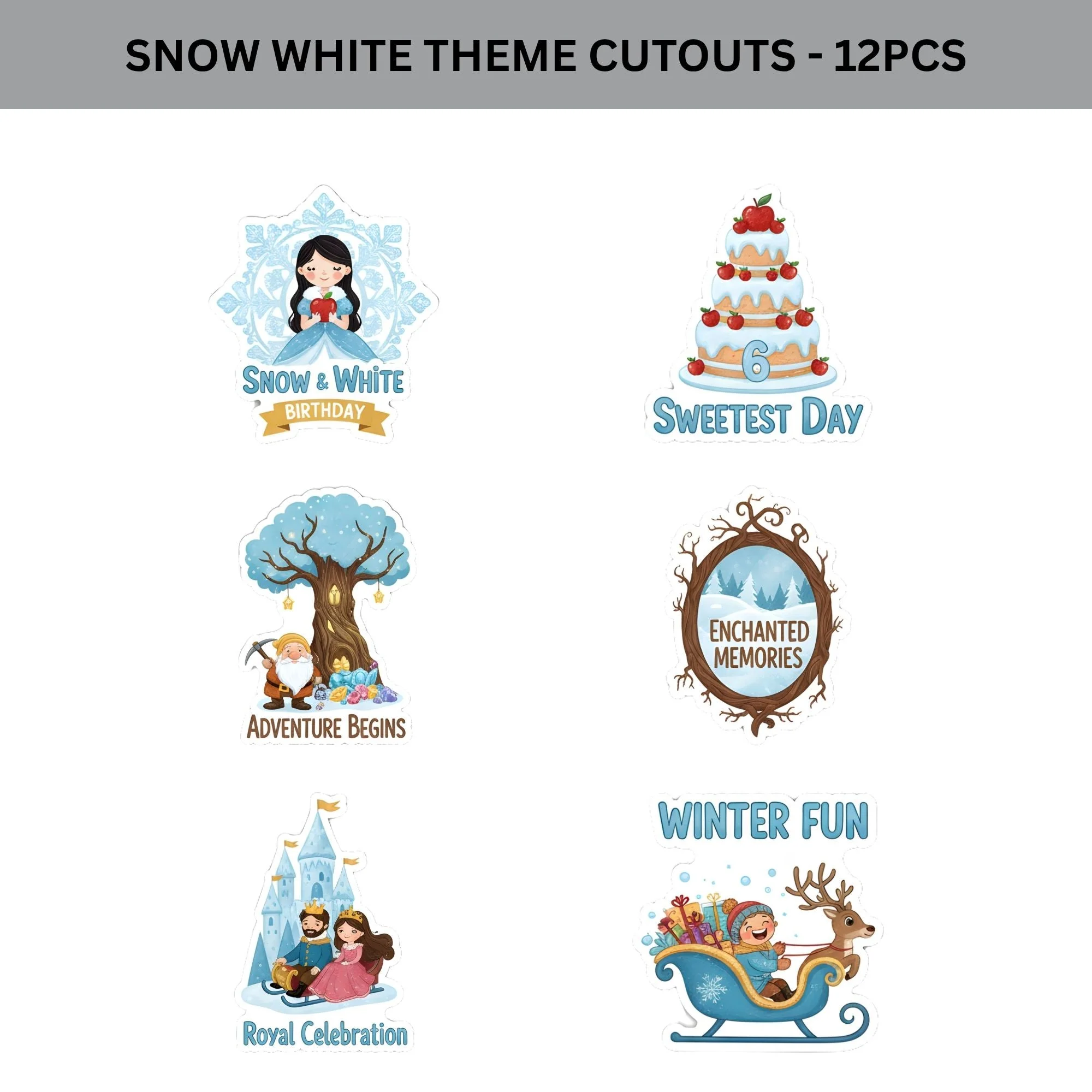 Snow White Theme Birthday Cutouts (6 inches/250 GSM Cardstock/Mixcolour/12Pcs) - Premium Handcrafted 300 GSM Paper Cutouts by Party Decor Mall India - View 2