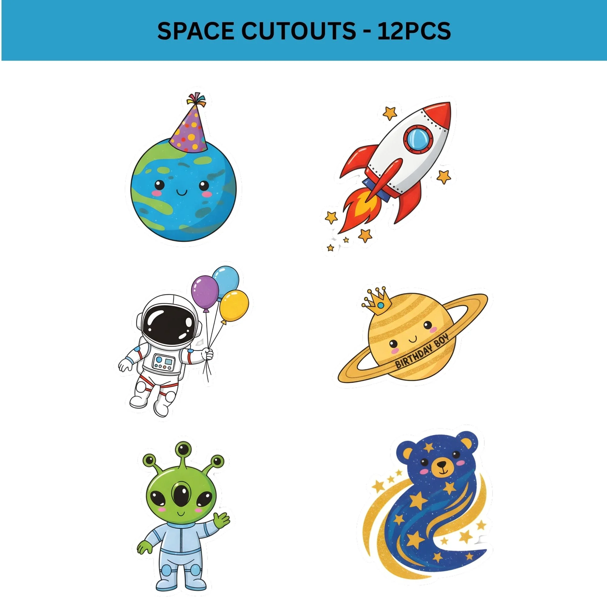 Space Theme Birthday Cutouts (6 inches/250 GSM Cardstock/Mixcolour/12Pcs) - Premium Handcrafted 300 GSM Paper Cutouts by Party Decor Mall India - View 2