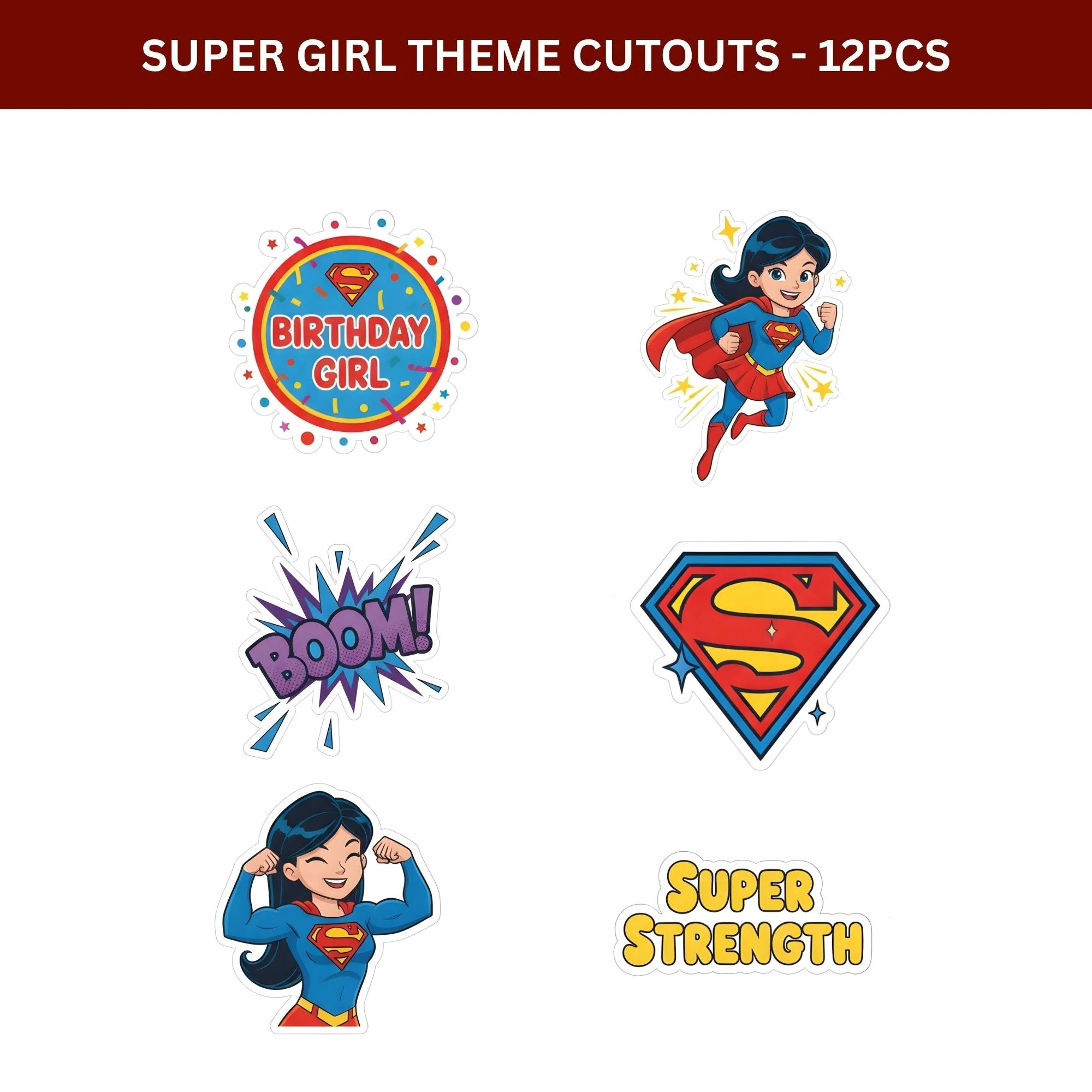Super Girl Theme Birthday Cutouts (6 inches/250 GSM Cardstock/Mixcolour/12Pcs) - Premium Handcrafted 300 GSM Paper Cutouts by Party Decor Mall India - View 2