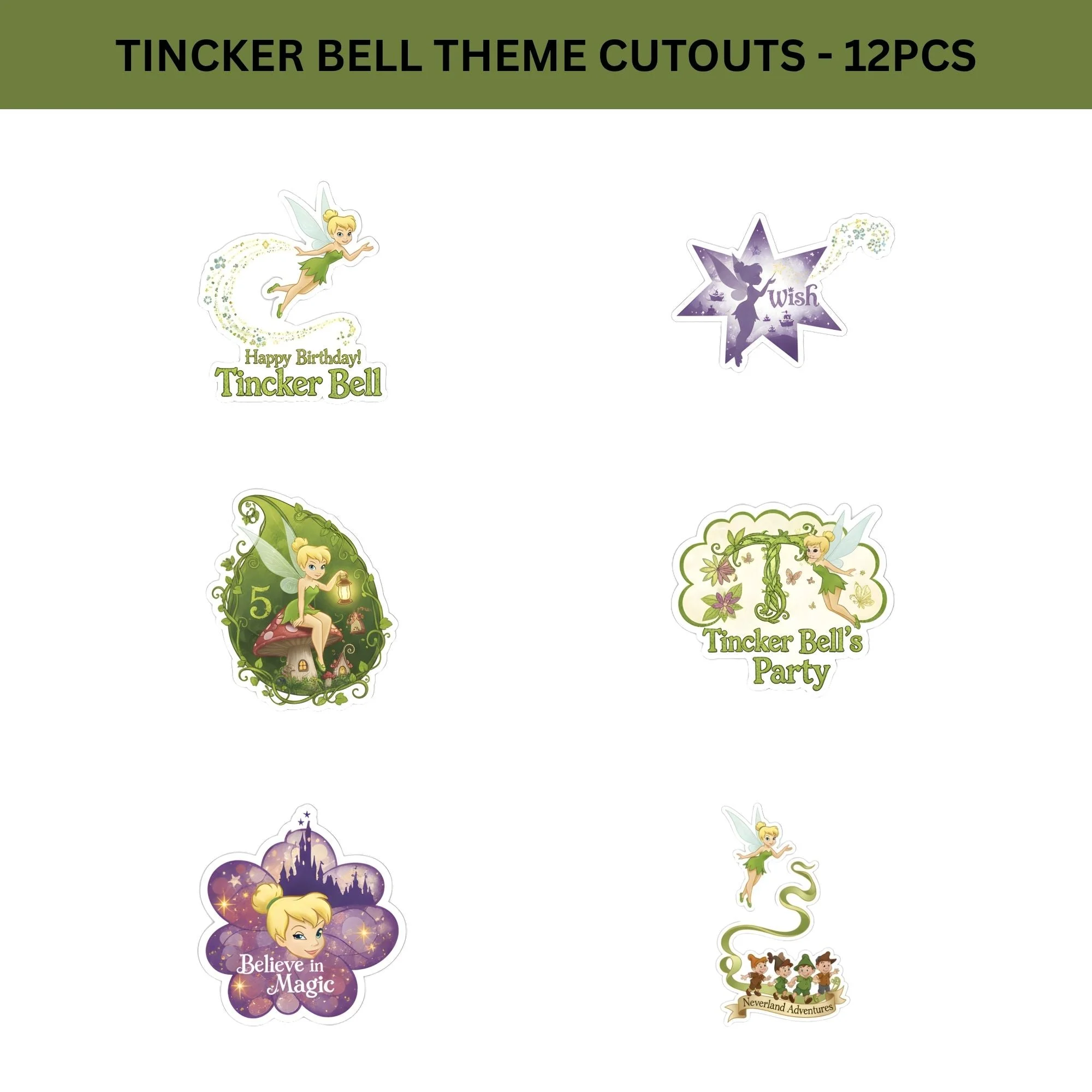 Tincker Bell Theme Birthday Cutouts (6 inches/250 GSM Cardstock/Mixcolour/12Pcs) - Premium Handcrafted 300 GSM Paper Cutouts by Party Decor Mall India - View 2