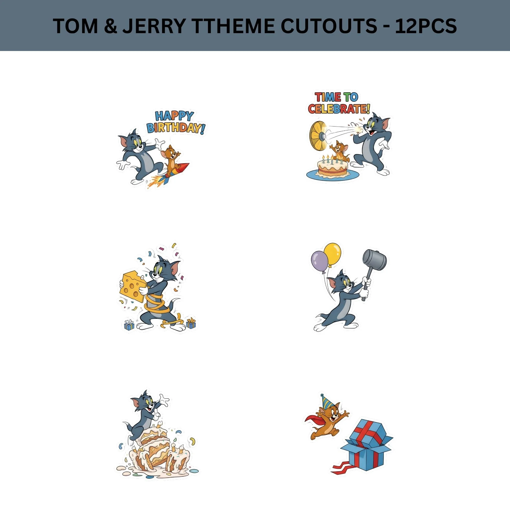 Tom & Jerry Theme Birthday Cutouts (6 inches/250 GSM Cardstock/Mixcolour/12Pcs) - Premium Handcrafted 300 GSM Paper Cutouts by Party Decor Mall India - View 2