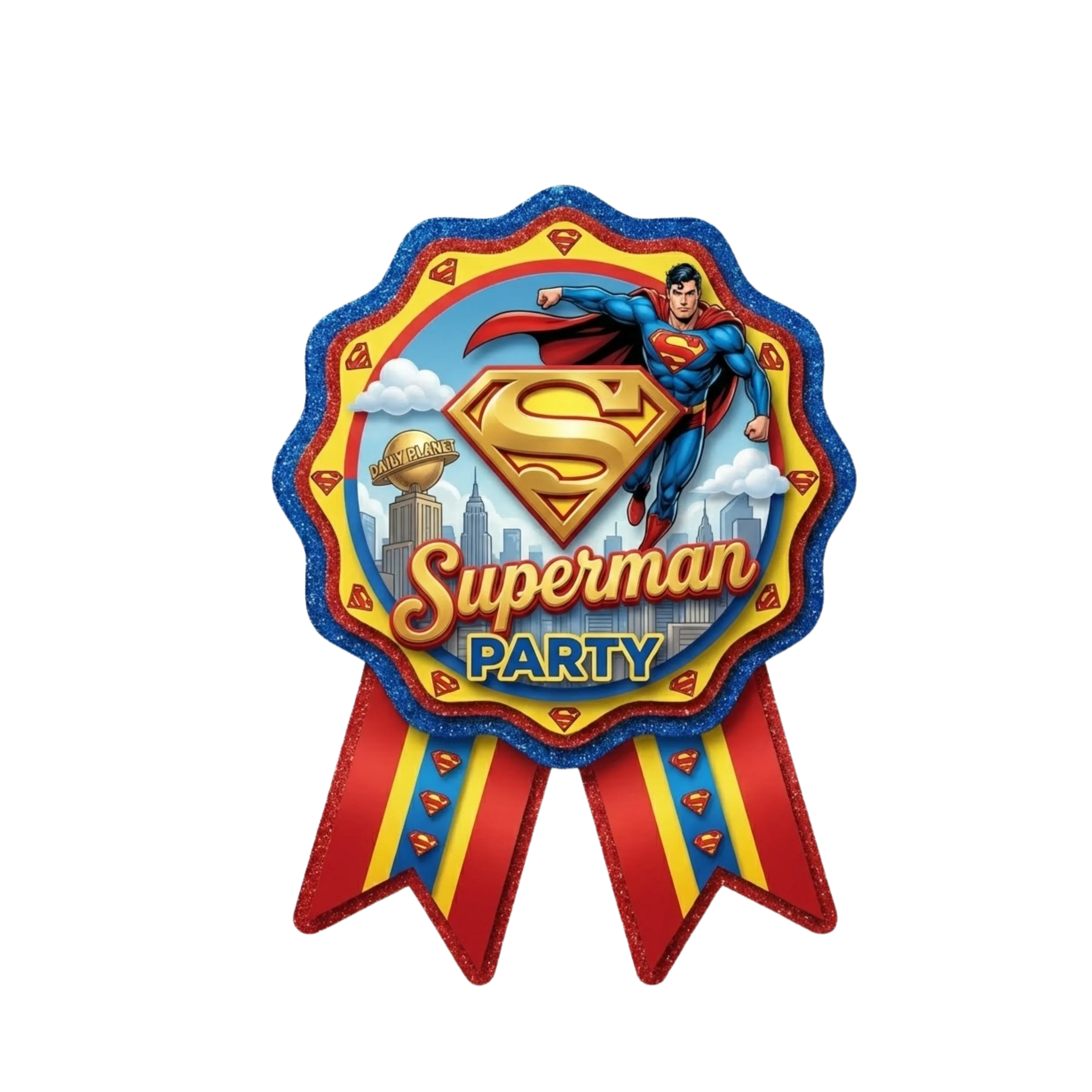 Superman Theme Theme Badges Birthday Party Supplies (Pack of 16) - 300 GSM Premium Cardstock Paper (3.7 X 3 Inch)