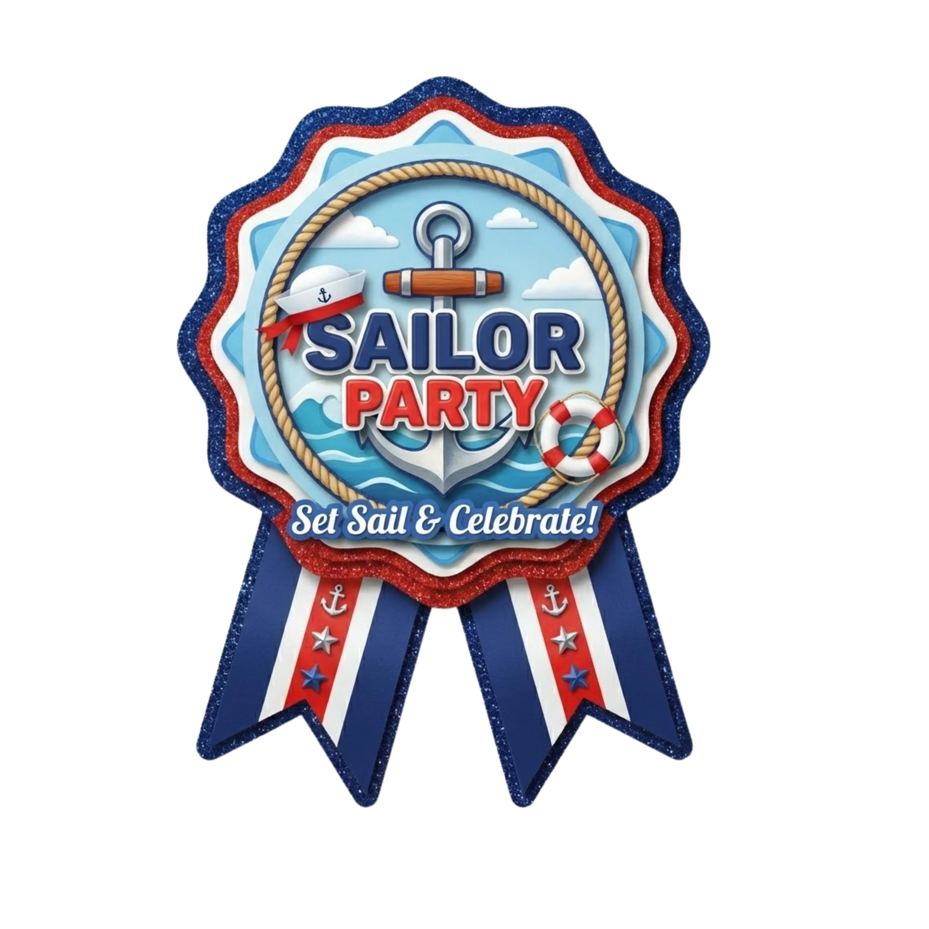Sailor Theme Paper Badges For Kids Birthday Party Supplies (Pack Of 16) - 300 GSM Premium Cardstock with Pin (3.7 x 3 Inch)