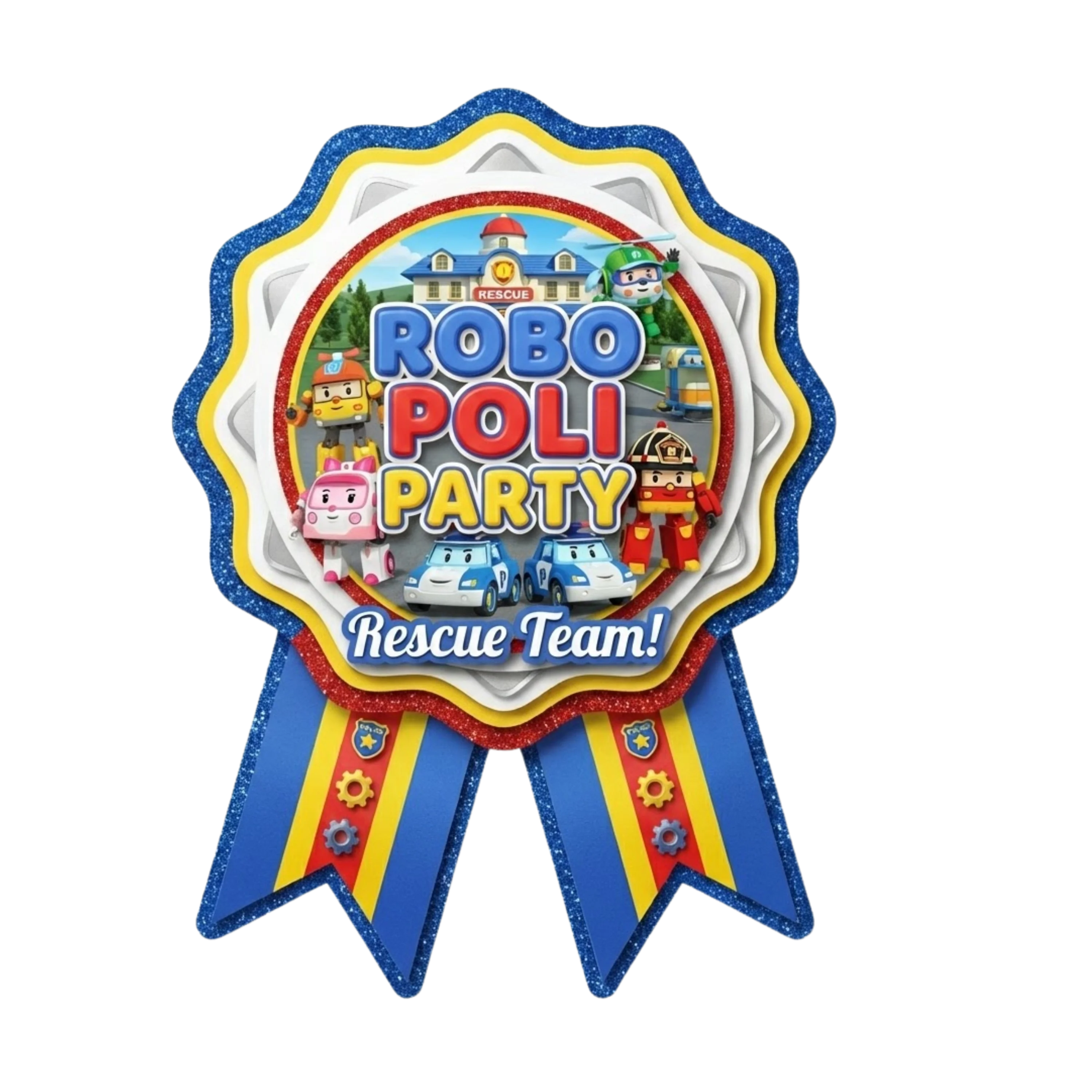 Robo Poli Theme Paper Badges For Kids Birthday Party Supplies (Pack Of 16) - 300 GSM Premium Cardstock with Pin (3.7 x 3 Inch) - Premium Handcrafted 300 GSM Theme Badges by Party Decor Mall India - View 1