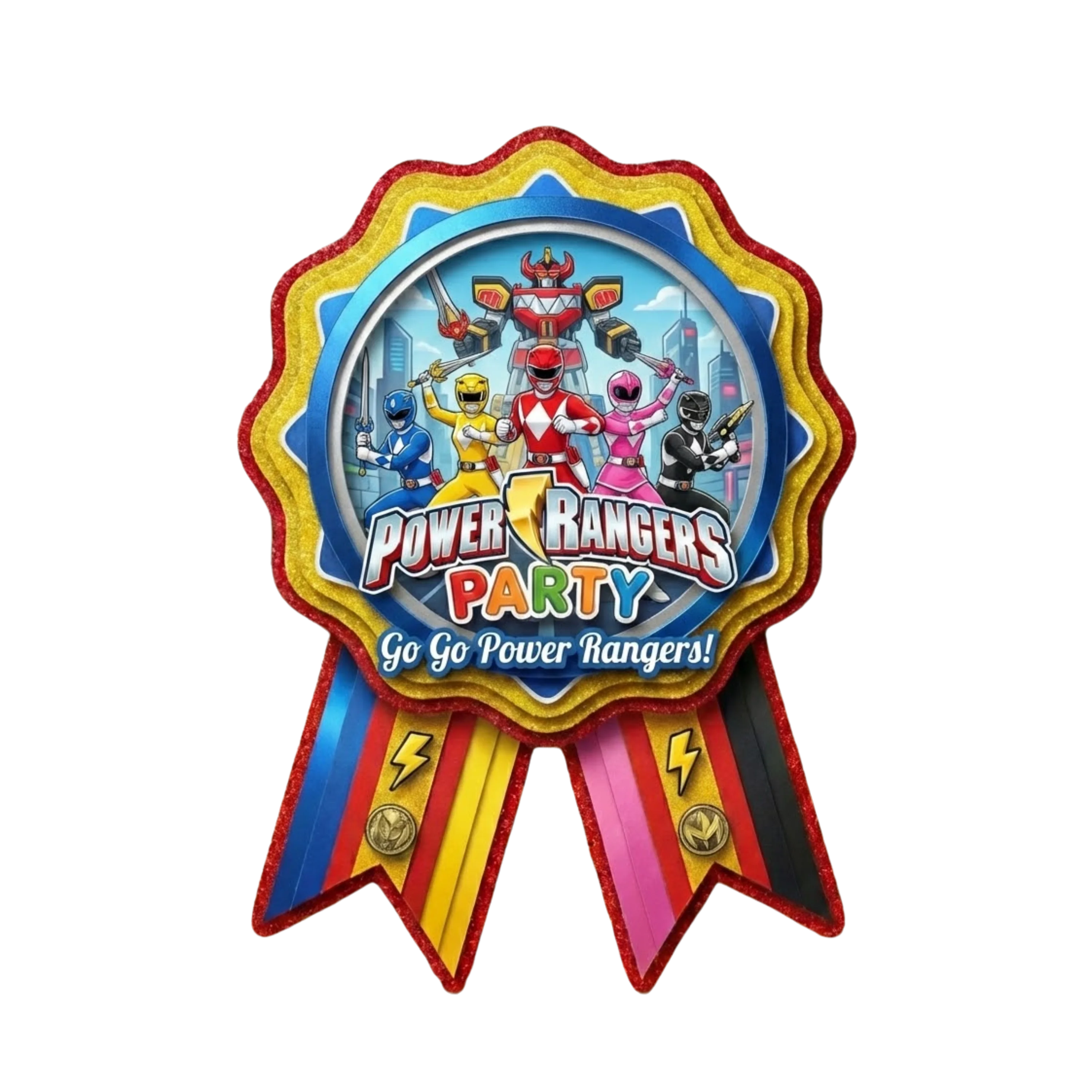 Power Rangers Theme Paper Badges For Kids Birthday Party Supplies (Pack Of 16) - 300 GSM Premium Cardstock with Pin (3.7 x 3 Inch) - Premium Handcrafted 300 GSM Theme Badges by Party Decor Mall India - View 1