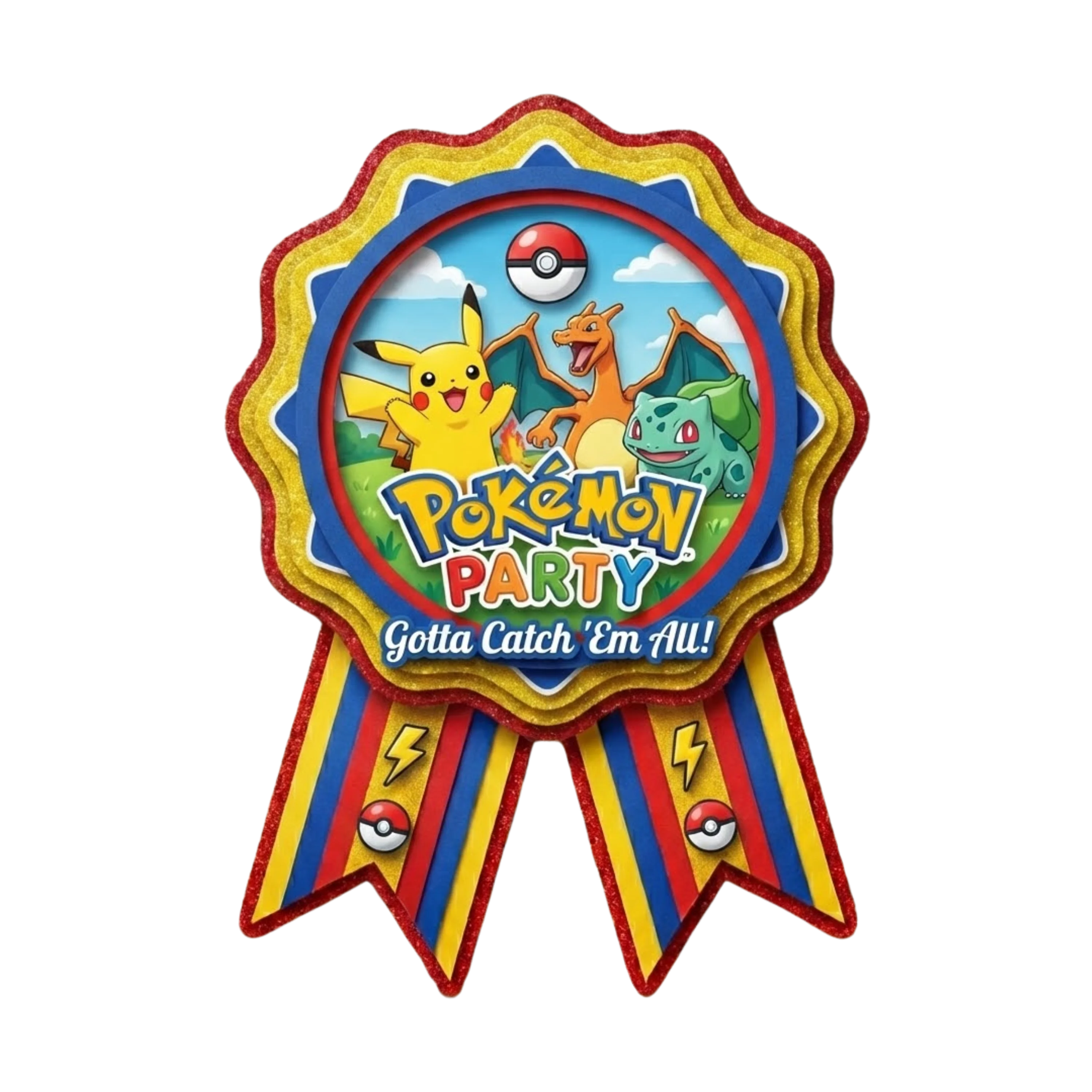 Pokémon Theme Paper Badges For Kids Birthday Party Supplies (Pack Of 16) - 300 GSM Premium Cardstock with Pin (3.7 x 3 Inch)