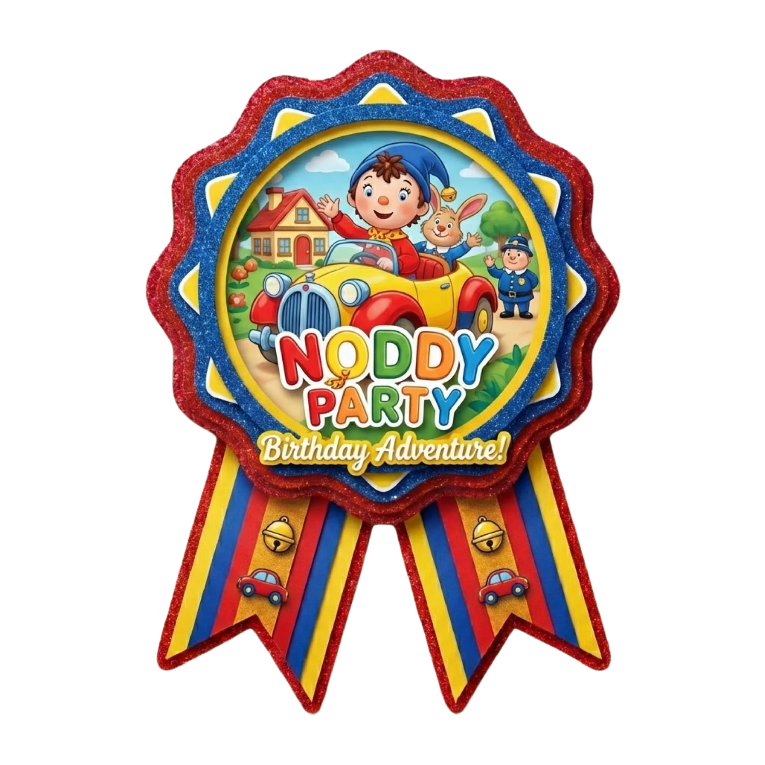 Noddy Theme Paper Badges For Kids Birthday Party Supplies (Pack Of 16) - 300 GSM Premium Cardstock with Pin (3.7 x 3 Inch) - Premium Handcrafted 300 GSM Theme Badges by Party Decor Mall India - View 1