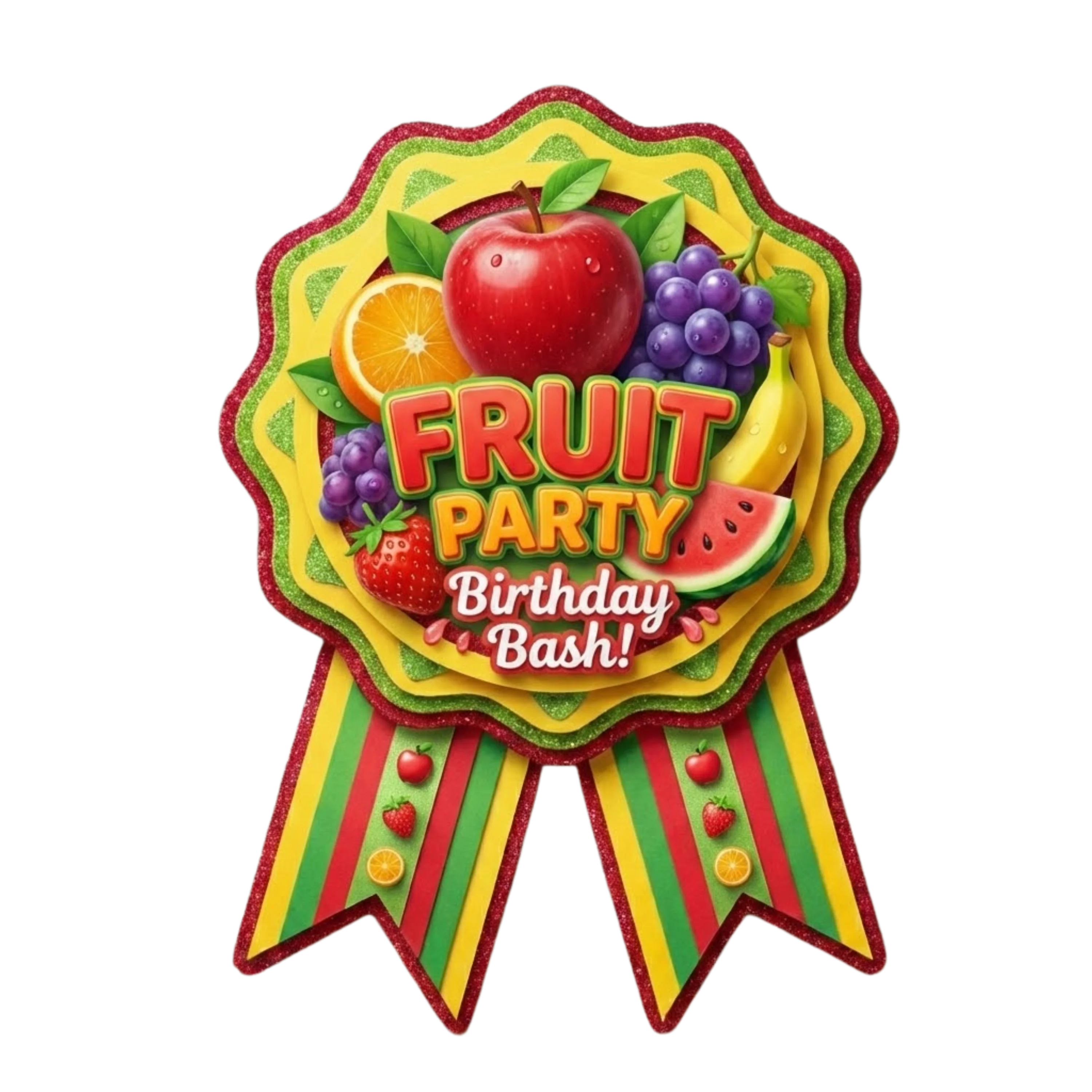 Fruits Theme Paper Badges For Kids Birthday Party Supplies (Pack Of 16) - 300 GSM Premium Cardstock with Pin (3.7 x 3 Inch) - Premium Handcrafted 300 GSM Theme Badges by Party Decor Mall India - View 1