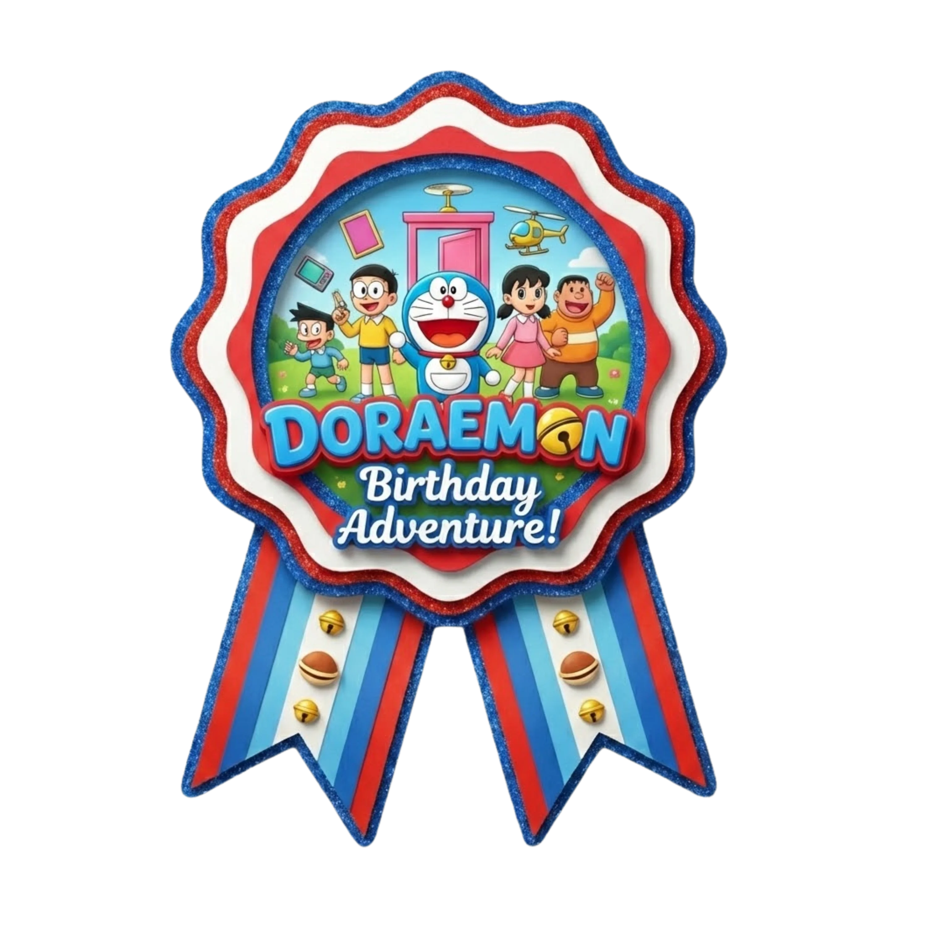 Doraemon Theme Paper Badges For Kids Birthday Party Supplies (Pack Of 16) - 300 GSM Premium Cardstock with Pin (3.7 x 3 Inch)