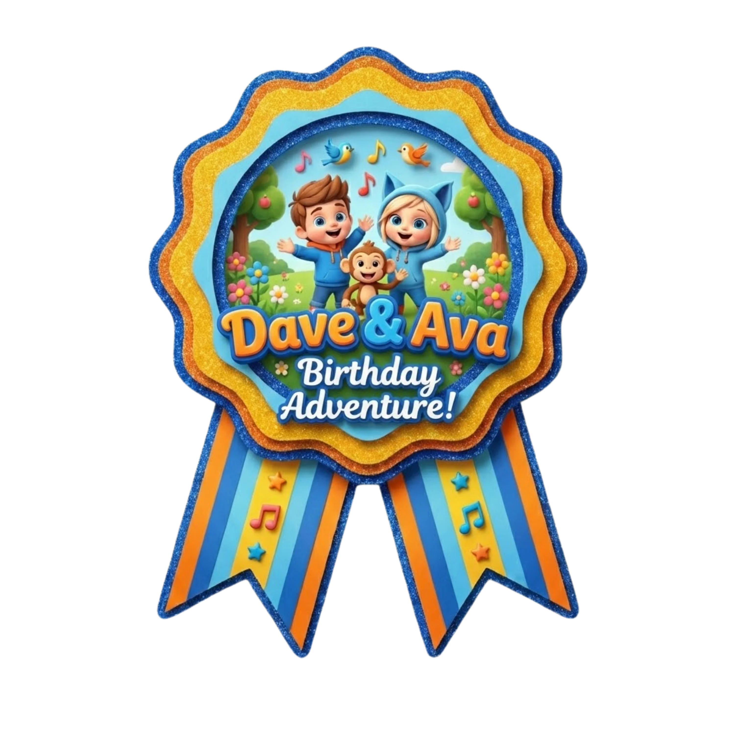 Dave & Ava Theme Paper Badges For Kids Birthday Party Supplies (Pack Of 16) - 300 GSM Premium Cardstock with Pin (3.7 x 3 Inch)