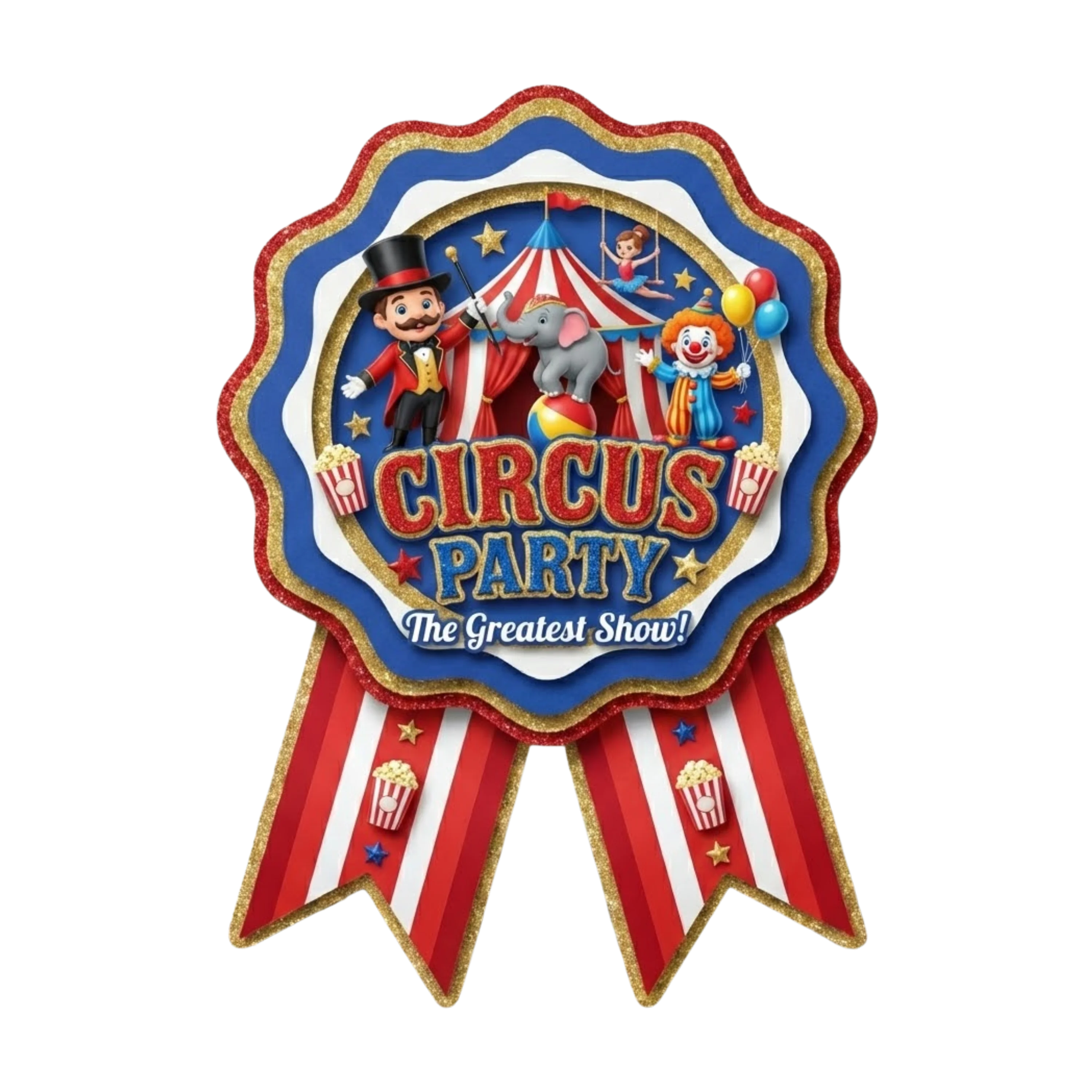 Circus Theme Paper Badges For Kids Birthday Party Supplies (Pack Of 16) - 300 GSM Premium Cardstock with Pin (3.7 x 3 Inch)