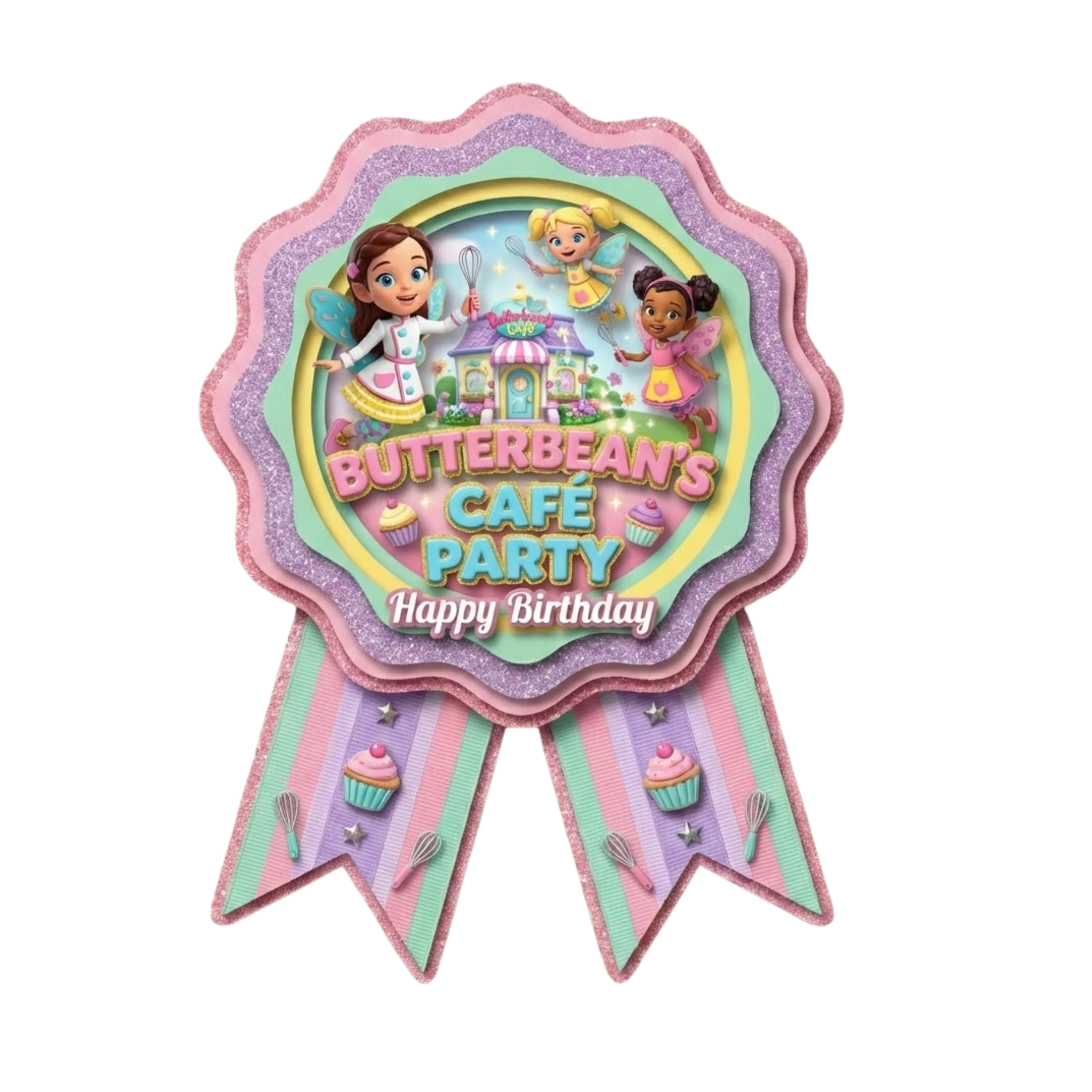 Butterbeans Theme Paper Badges For Kids Birthday Party Supplies (Pack Of 16) - 300 GSM Premium Cardstock with Pin (3.7 x 3 Inch)