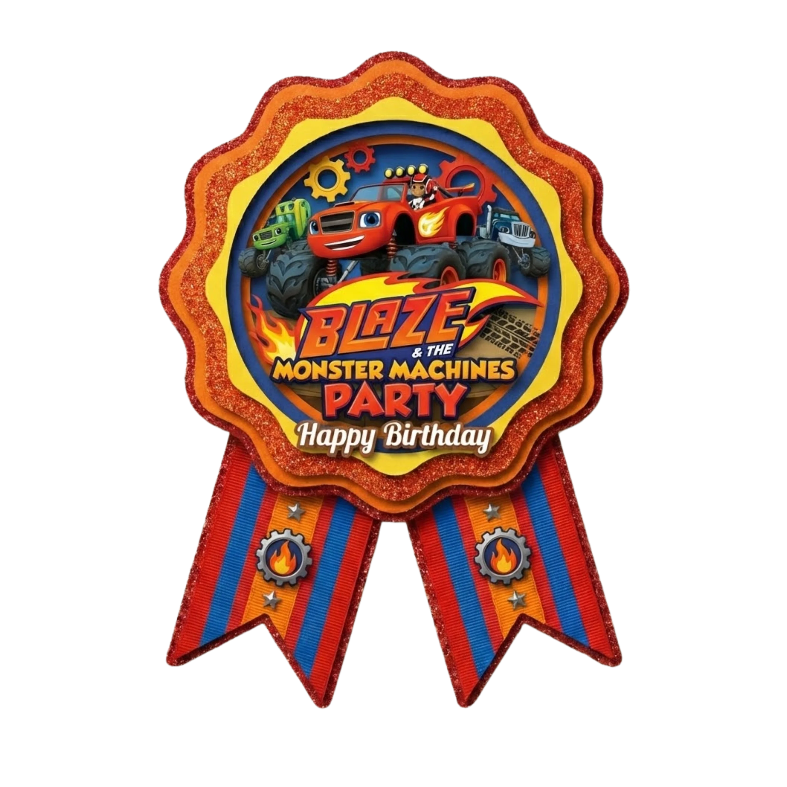 Blaze Monster Machines Theme Paper Badges For Kids Birthday Party Supplies (Pack Of 16) - 300 GSM Premium Cardstock with Pin (3.7 x 3 Inch) - Premium Handcrafted 300 GSM Theme Badges by Party Decor Mall India - View 1