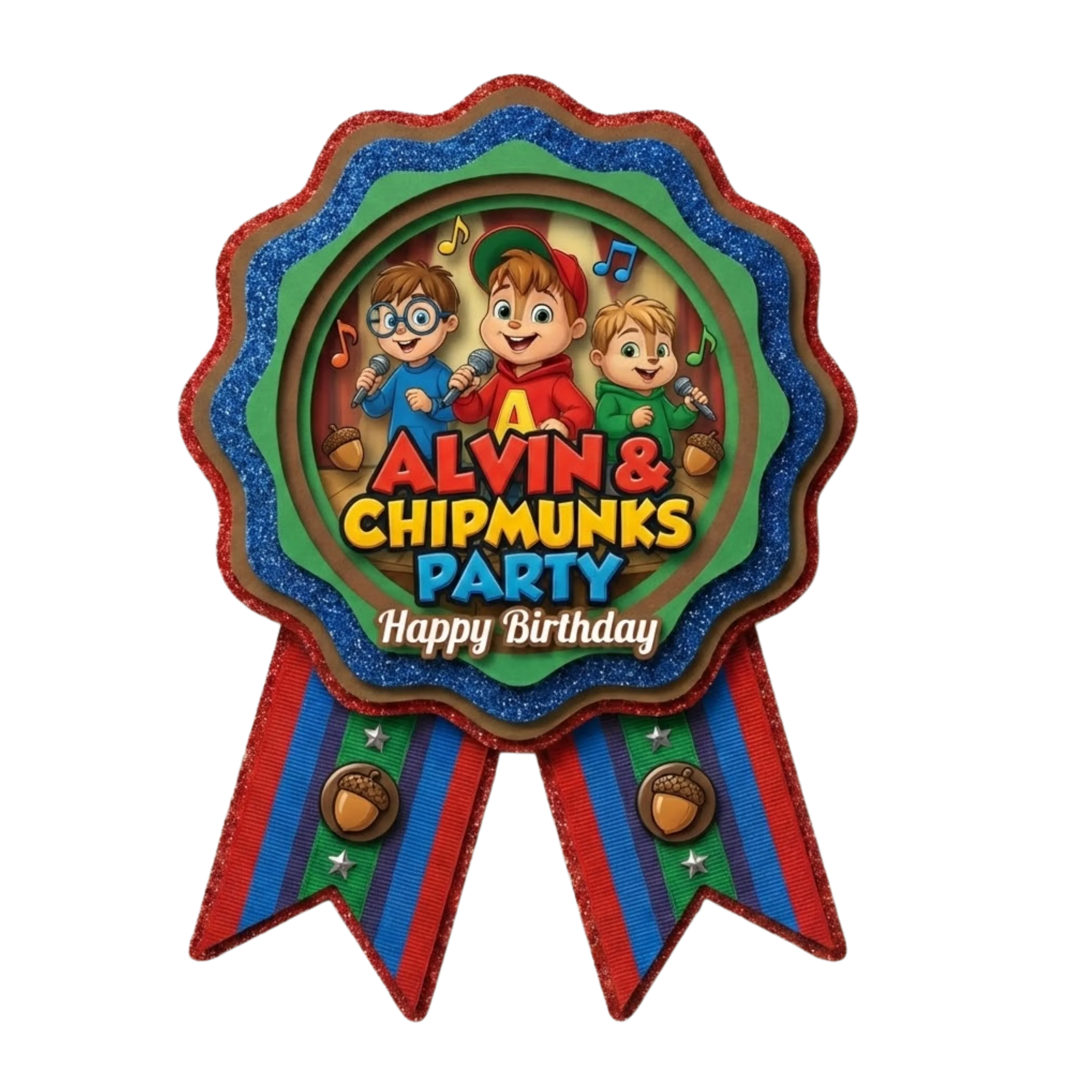Alvin & Chipmunks Theme Paper Badges For Kids Birthday Party Supplies (Pack Of 16) - 300 GSM Premium Cardstock with Pin (3.7 x 3 Inch)