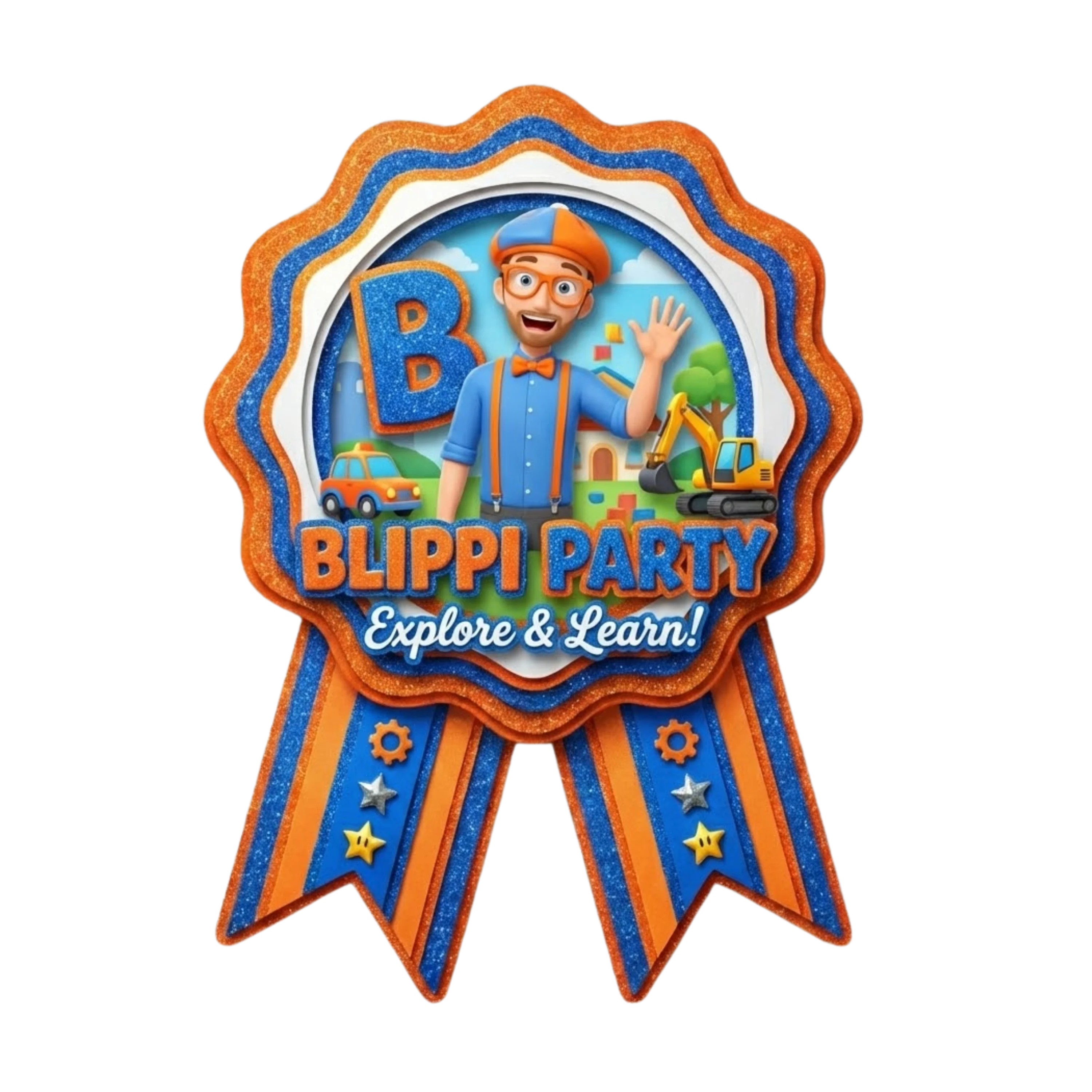 Blippi Theme Paper Badges For Kids Birthday Party Supplies (Pack Of 16) - 300 GSM Premium Cardstock with Pin (3.7 x 3 Inch)