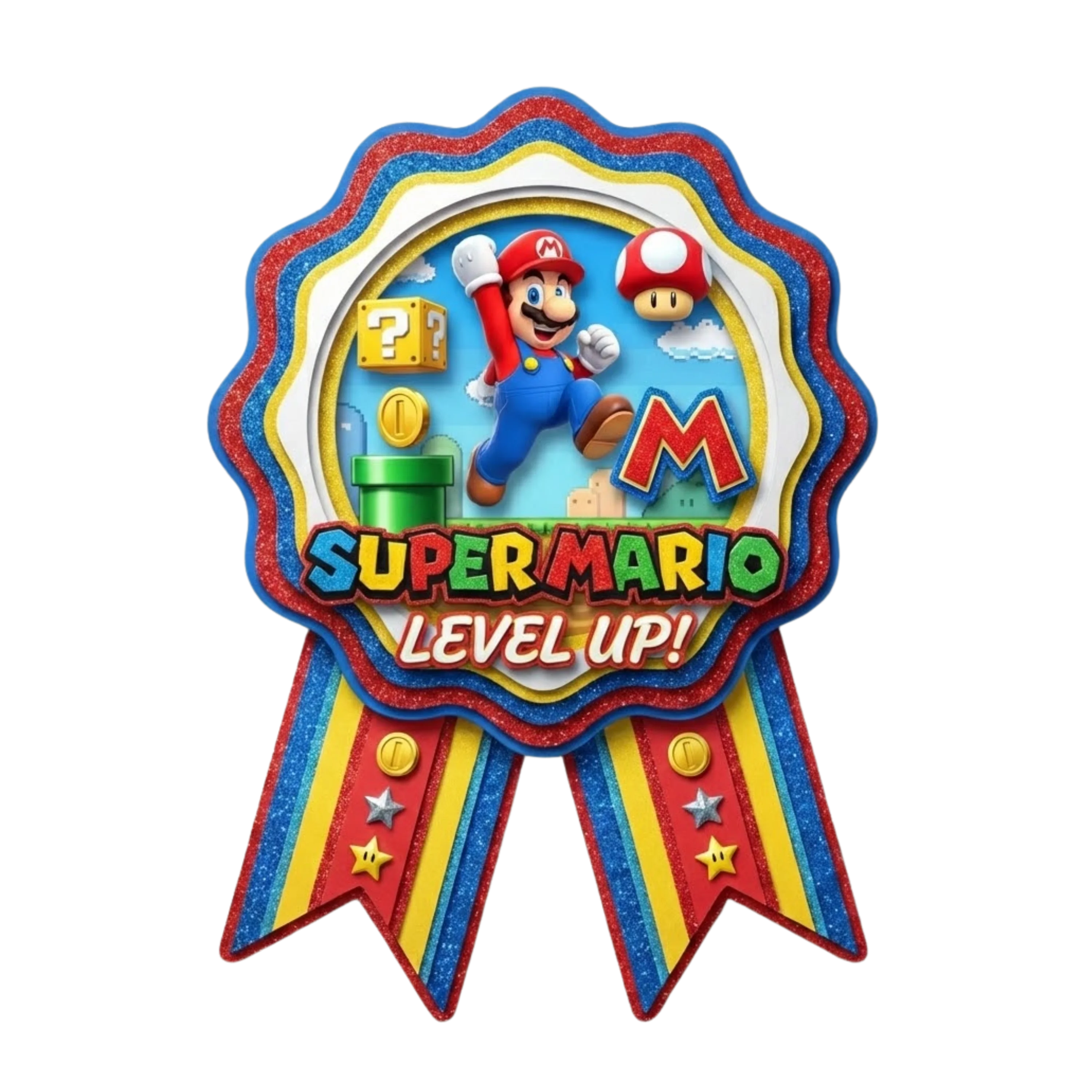 Super Mario Theme Paper Badges For Kids Birthday Party Supplies (Pack Of 16) - 300 GSM Premium Cardstock with Pin (3.7 x 3 Inch)