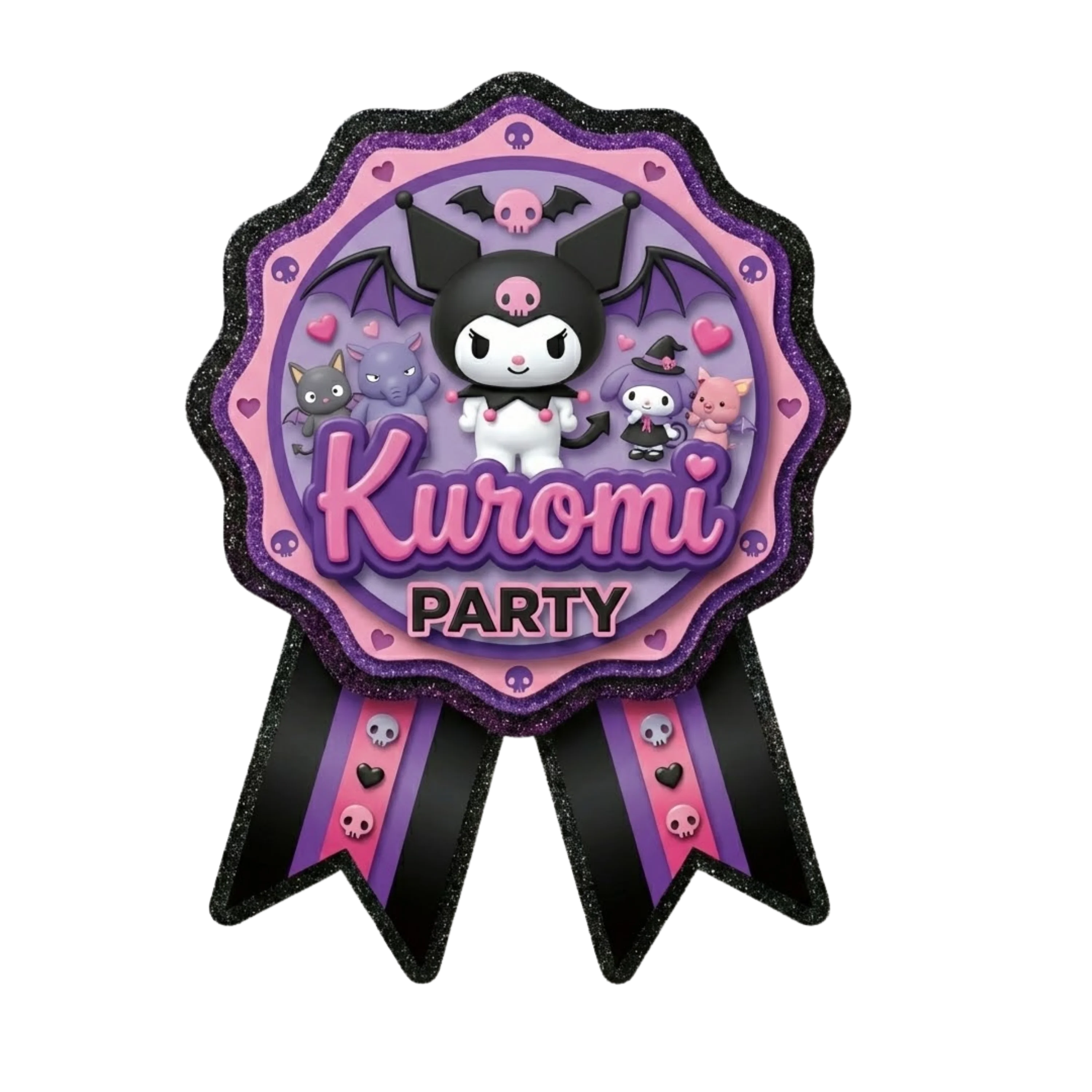 Kuromi Theme Paper Badges For Kids Birthday Party Supplies (Pack Of 16) - 300 GSM Premium Cardstock with Pin (3.7 x 3 Inch) - Premium Handcrafted 300 GSM Theme Badges by Party Decor Mall India - View 1