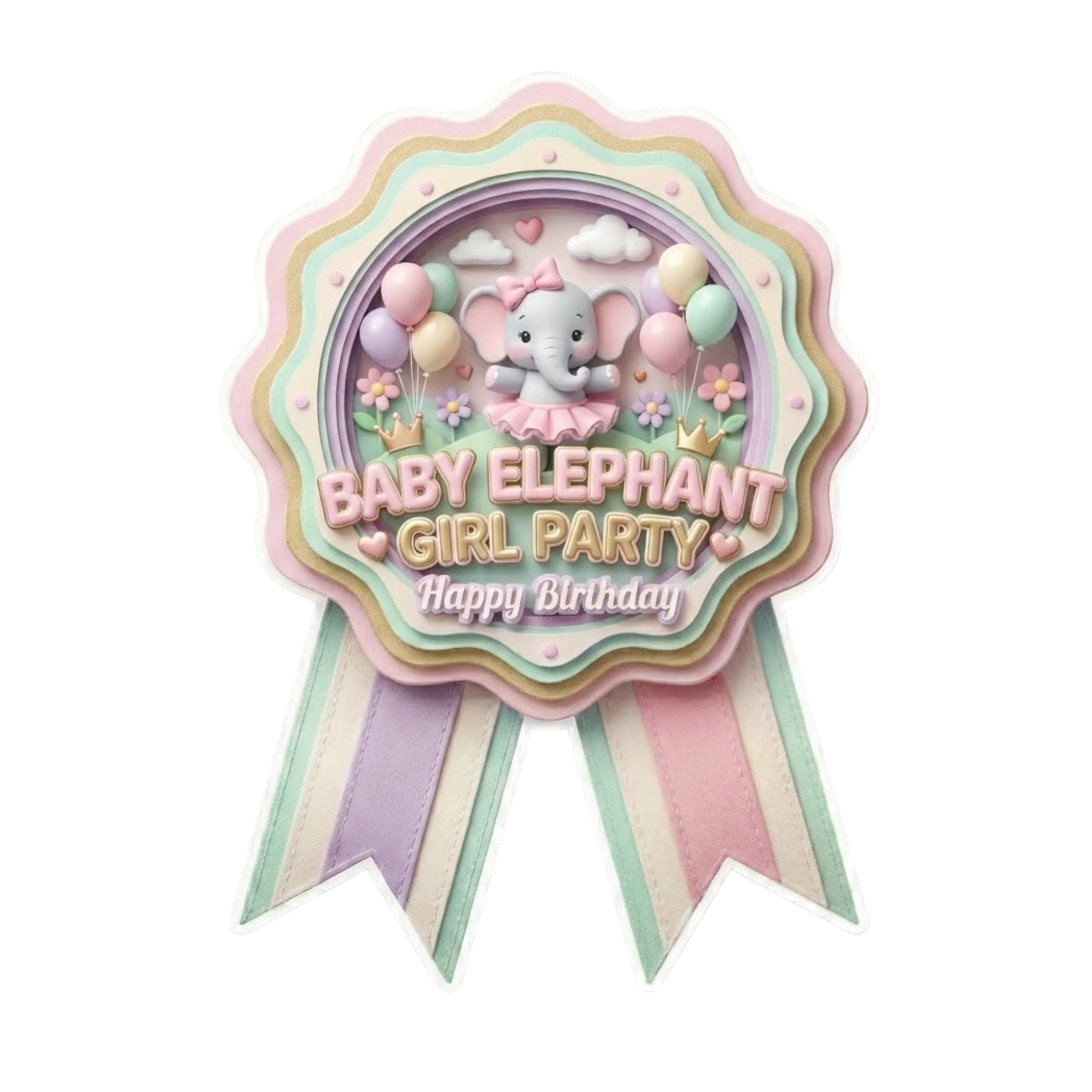 Baby Elephant Girl Theme Paper Badges For Kids Birthday Party Supplies (Pack Of 16) - 300 GSM Premium Cardstock with Pin (3.7 x 3 Inch)